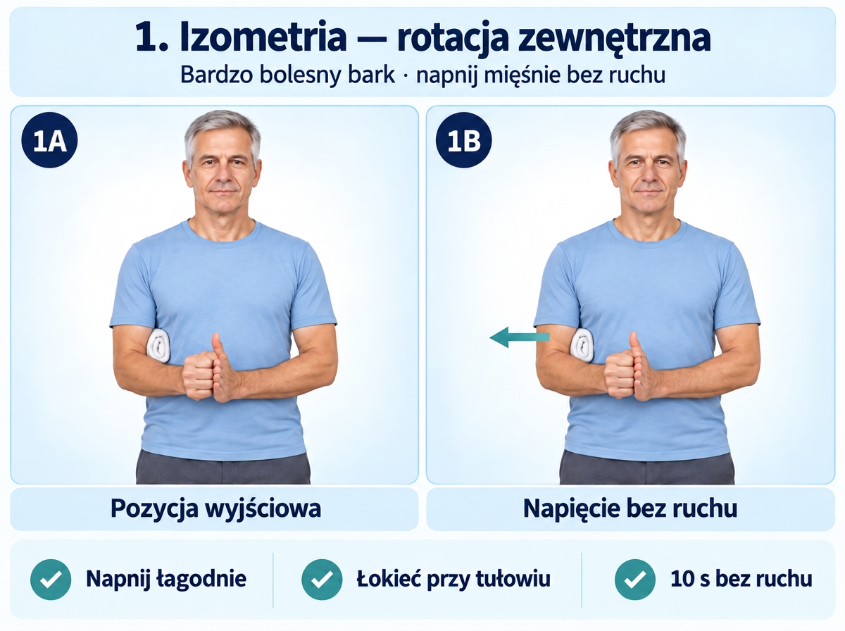 Izometria rotacji zewnętrznej barku bez ruchu w stawie. Opracowanie merytoryczne: Tomasz Poboży - ortopeda.