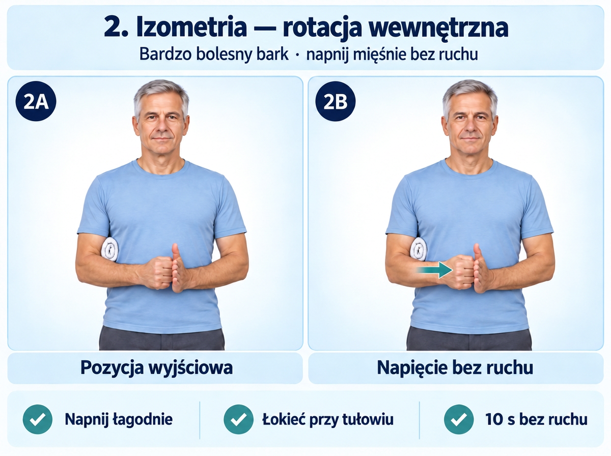 Izometria rotacji wewnętrznej barku bez ruchu w stawie. Opracowanie merytoryczne: Tomasz Poboży - ortopeda.