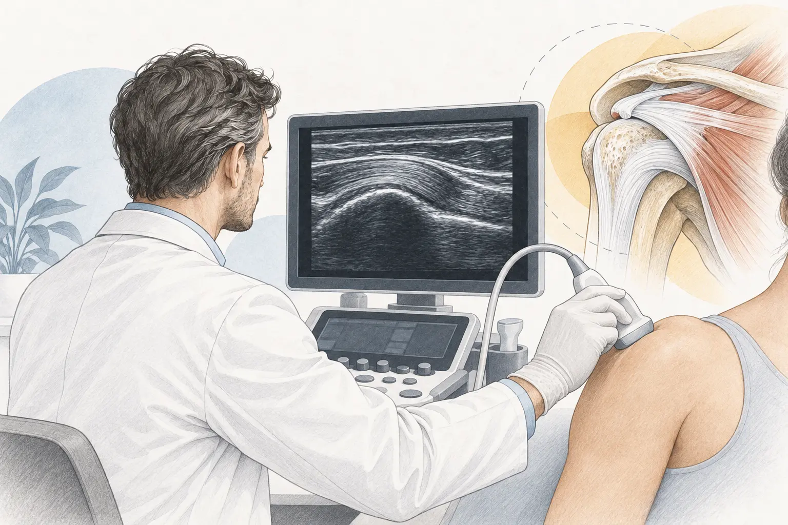 A doctor performing shoulder ultrasound. Medical content prepared by: Tomasz Poboży - orthopaedic surgeon.