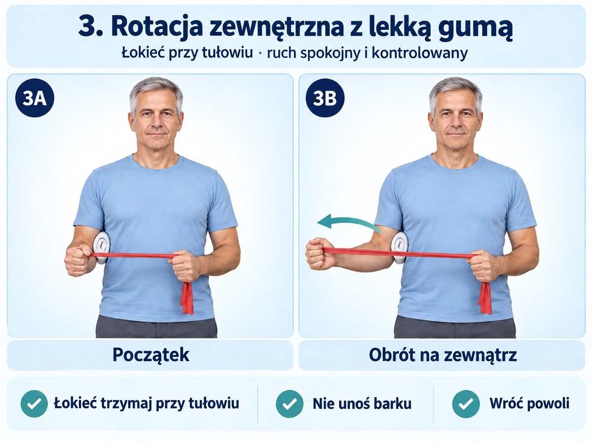 Rotacja zewnętrzna barku z lekką gumą, łokieć przy tułowiu. Opracowanie merytoryczne: Tomasz Poboży - ortopeda.