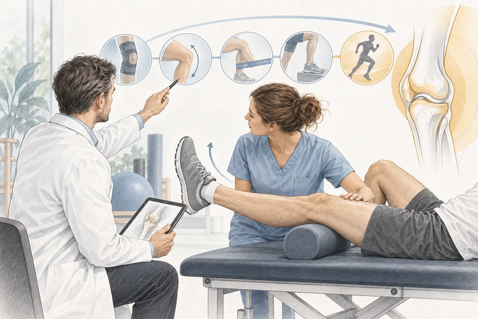 Doctor and physiotherapist discussing knee rehabilitation. Medical content prepared by: Tomasz Poboży - orthopaedic surgeon.