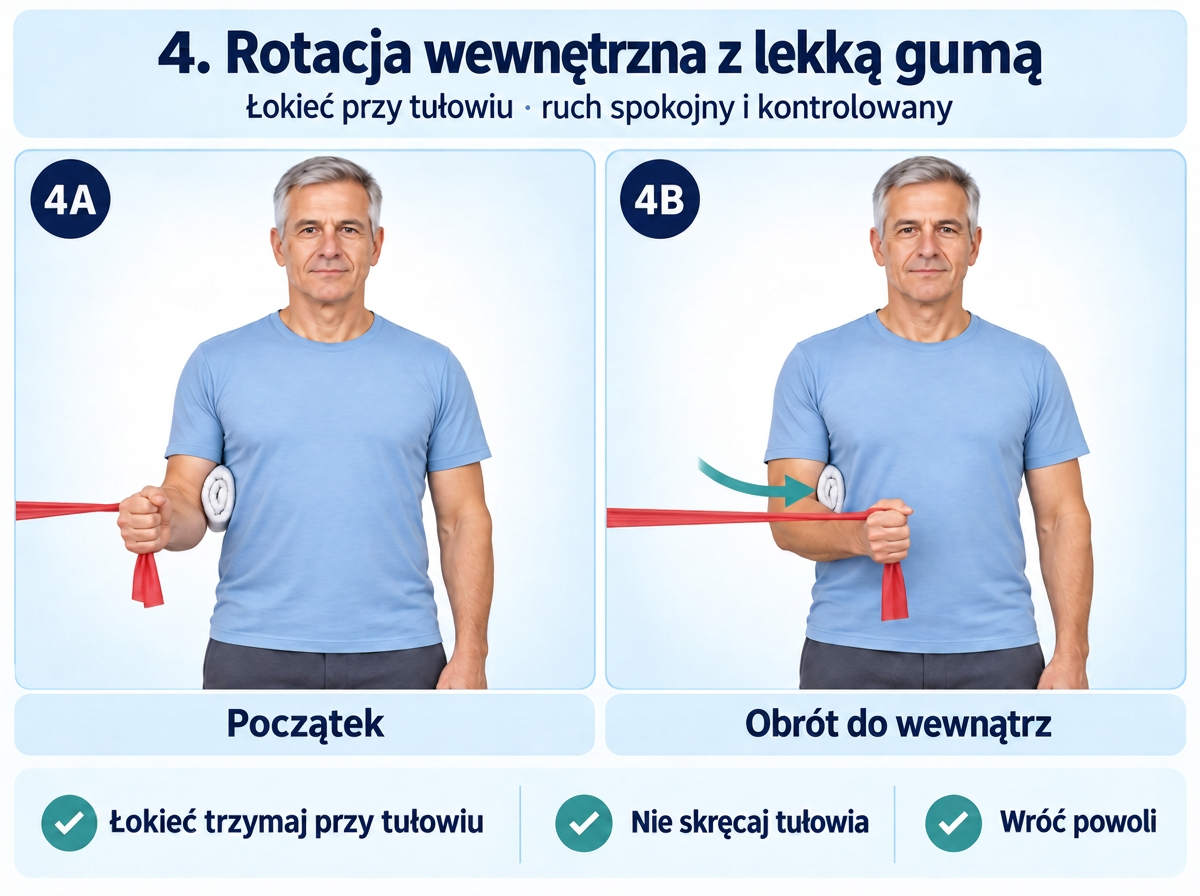 Rotacja wewnętrzna barku z lekką gumą, łokieć przy tułowiu. Opracowanie merytoryczne: Tomasz Poboży - ortopeda.