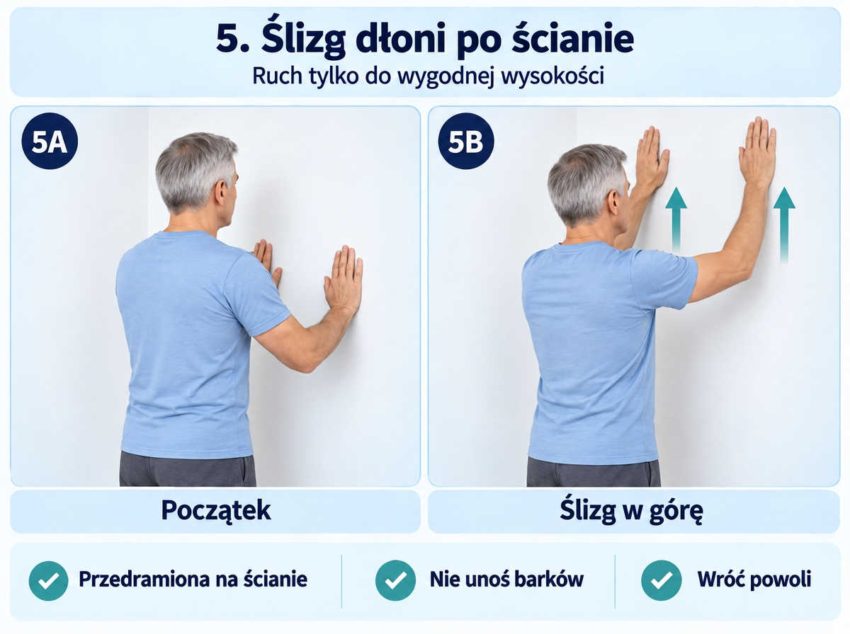 Ślizg dłoni po ścianie w wygodnym zakresie. Opracowanie merytoryczne: Tomasz Poboży - ortopeda.