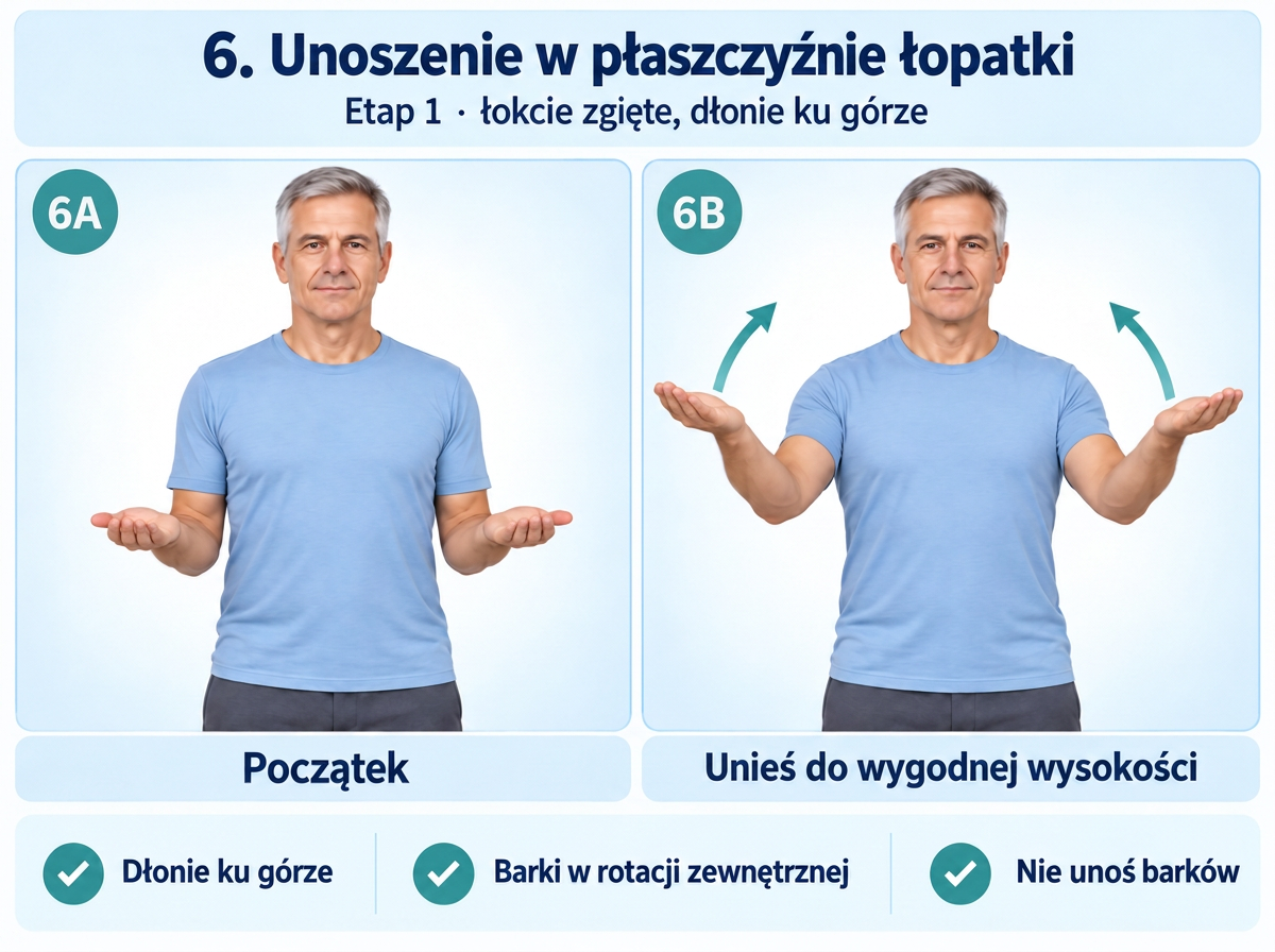 Unoszenie w płaszczyźnie łopatki z łokciami zgiętymi i dłońmi ku górze. Opracowanie merytoryczne: Tomasz Poboży - ortopeda.