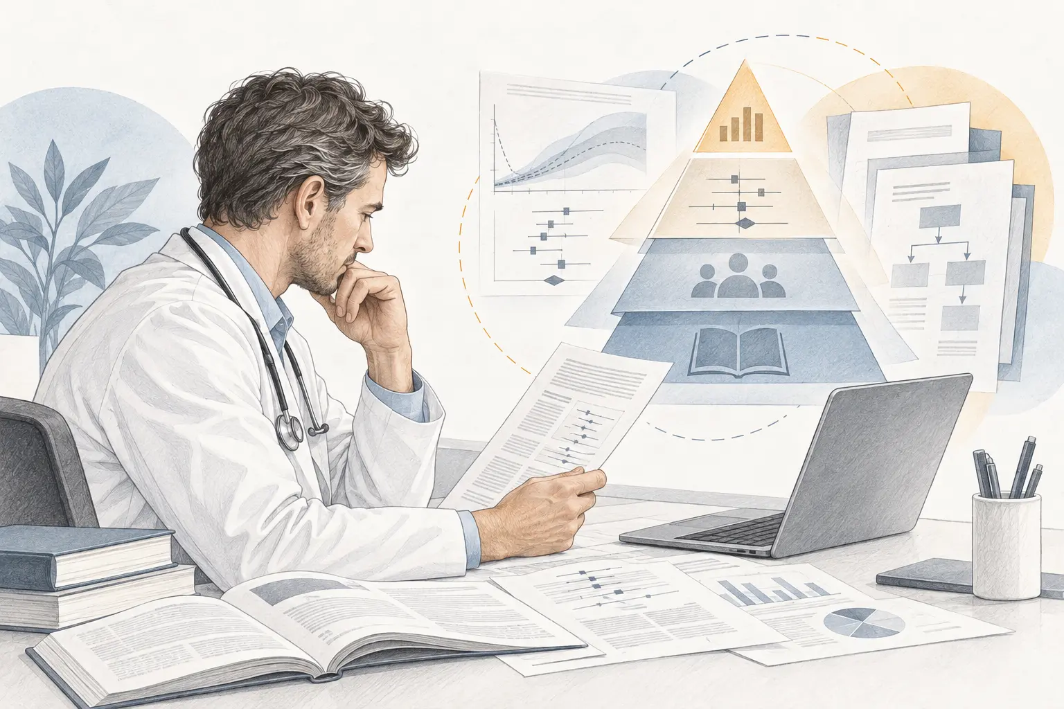 A doctor reviewing research using evidence-based medicine. Medical content prepared by: Tomasz Poboży - orthopaedic surgeon.