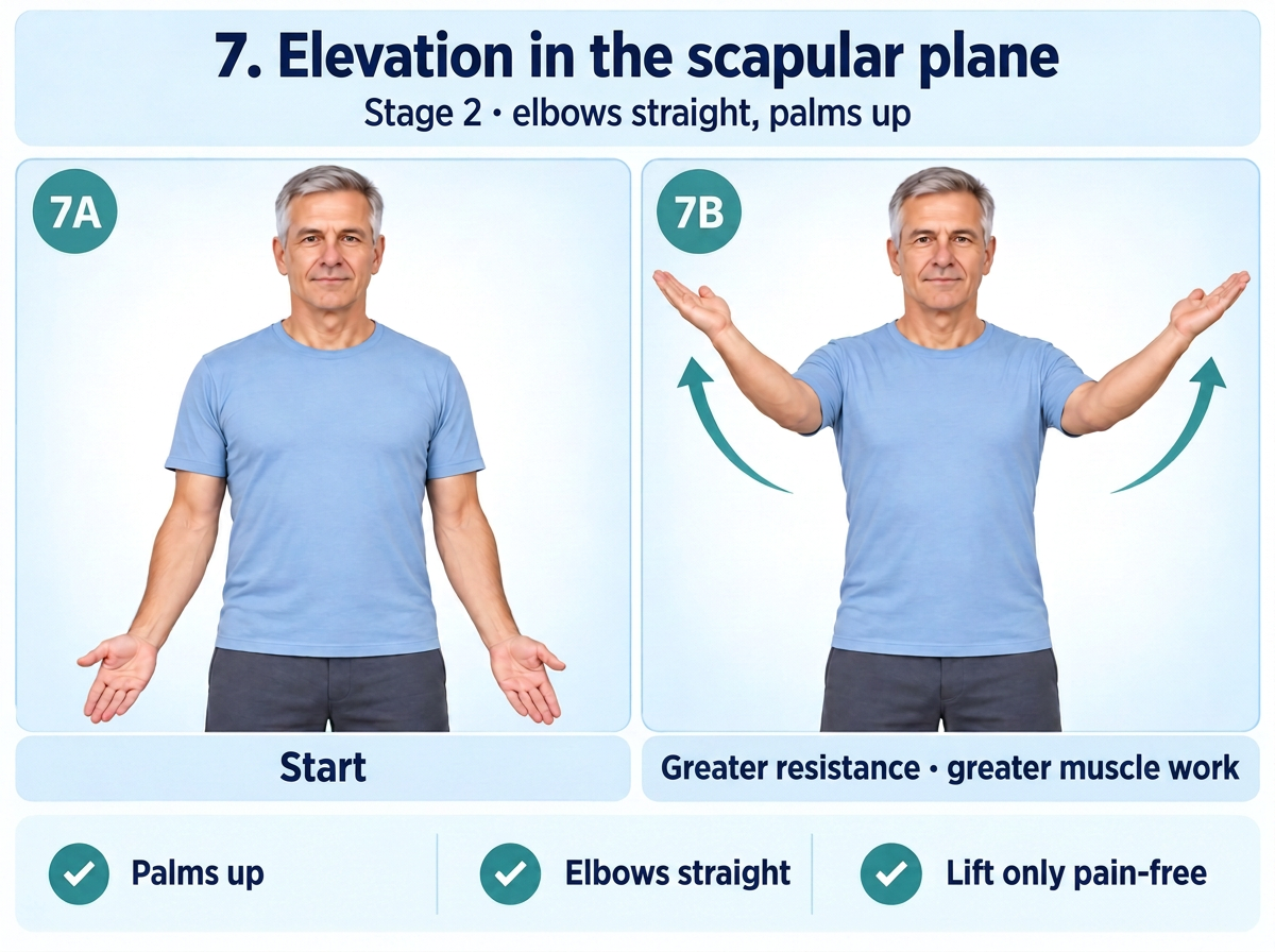 Scapular-plane elevation with straight elbows and palms up. Medical content prepared by: Tomasz Poboży - orthopaedic surgeon.