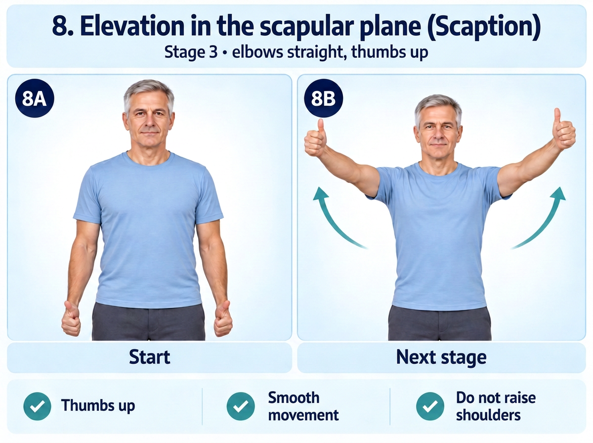 Scapular-plane elevation with straight elbows and thumbs up. Medical content prepared by: Tomasz Poboży - orthopaedic surgeon.
