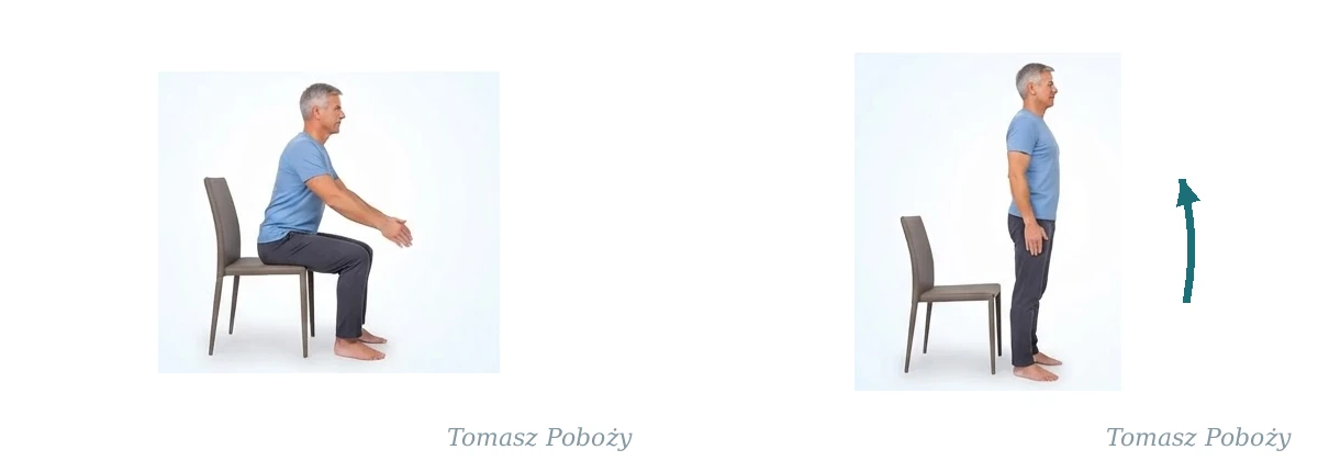 Wstawanie z krzesła: Pozycja wyjściowa. Opracowanie merytoryczne: Tomasz Poboży - ortopeda.