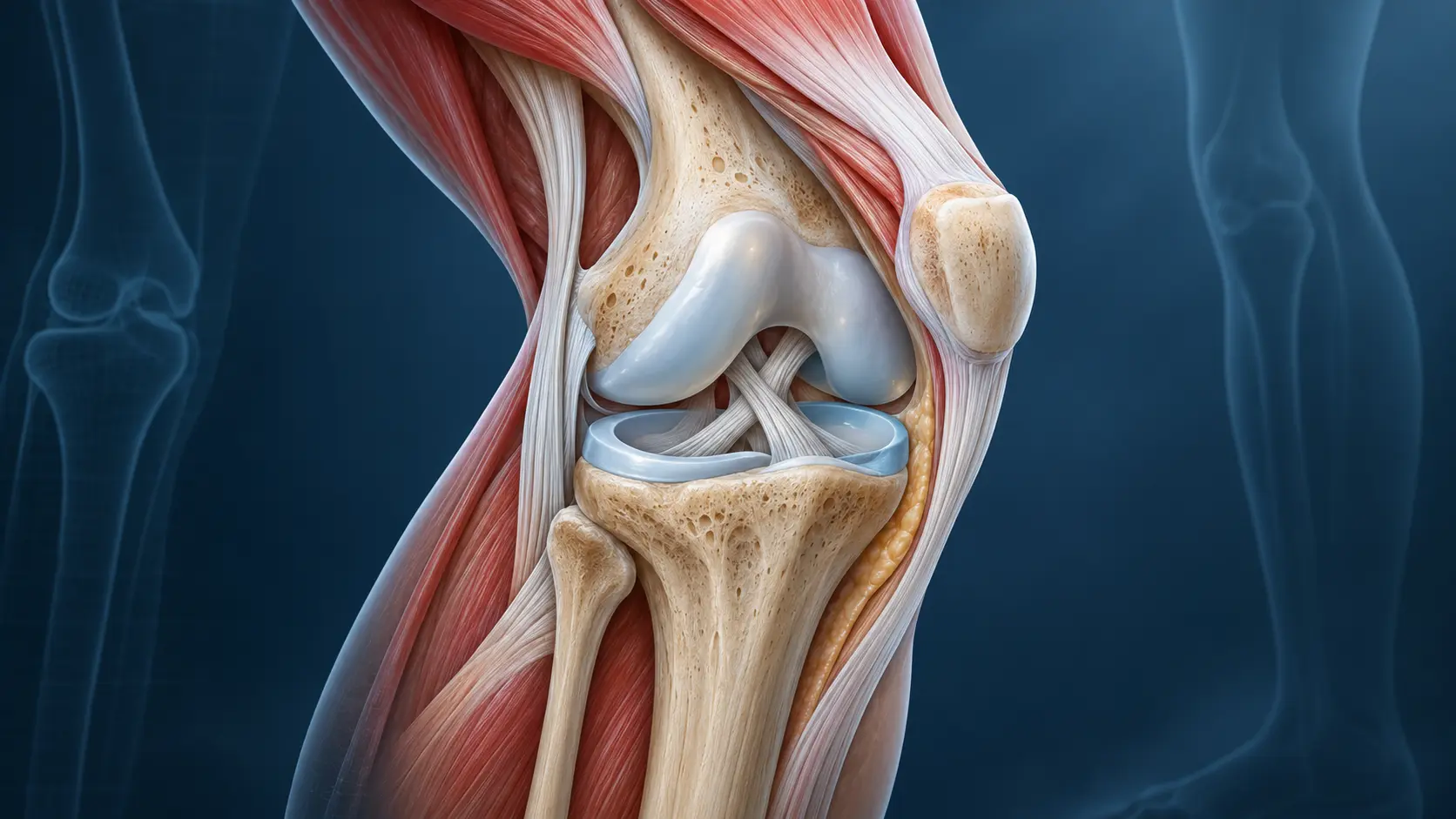 Illustration of the knee joint showing the menisci and ligaments. Medical content prepared by: Tomasz Poboży - orthopaedic surgeon.