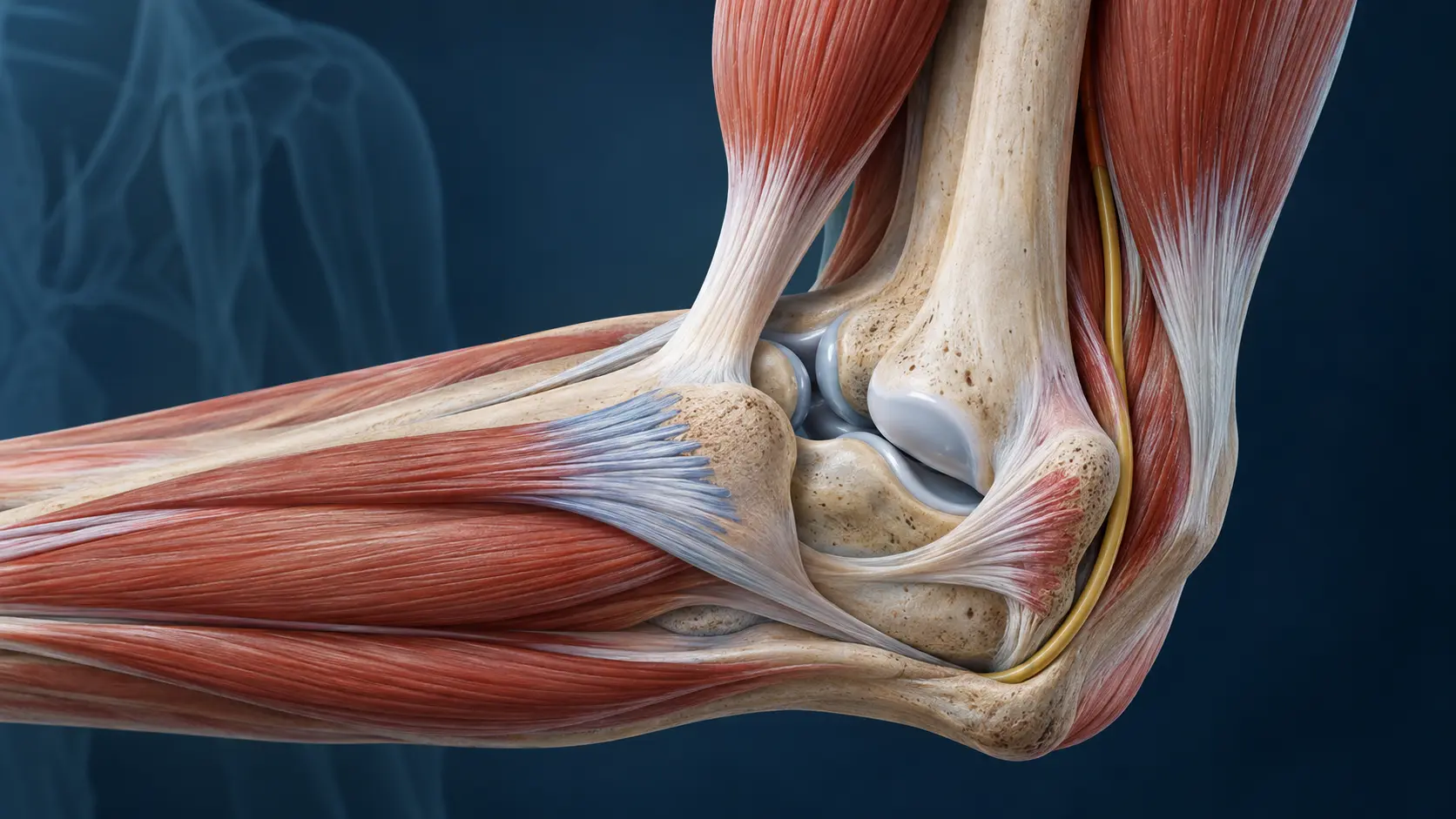 Elbow anatomy with ligaments, tendons and the ulnar nerve. Medical content prepared by: Tomasz Poboży - orthopaedic surgeon.