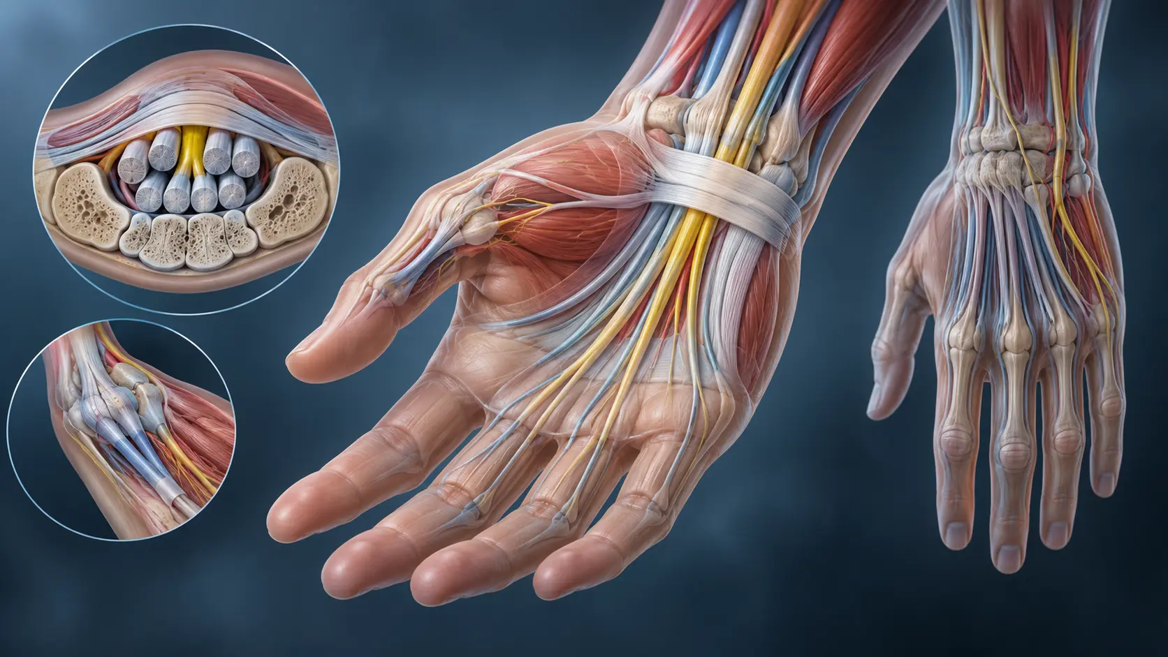 Anatomia ręki i nadgarstka z widocznymi ścięgnami i nerwami. Opracowanie merytoryczne: Tomasz Poboży - ortopeda.