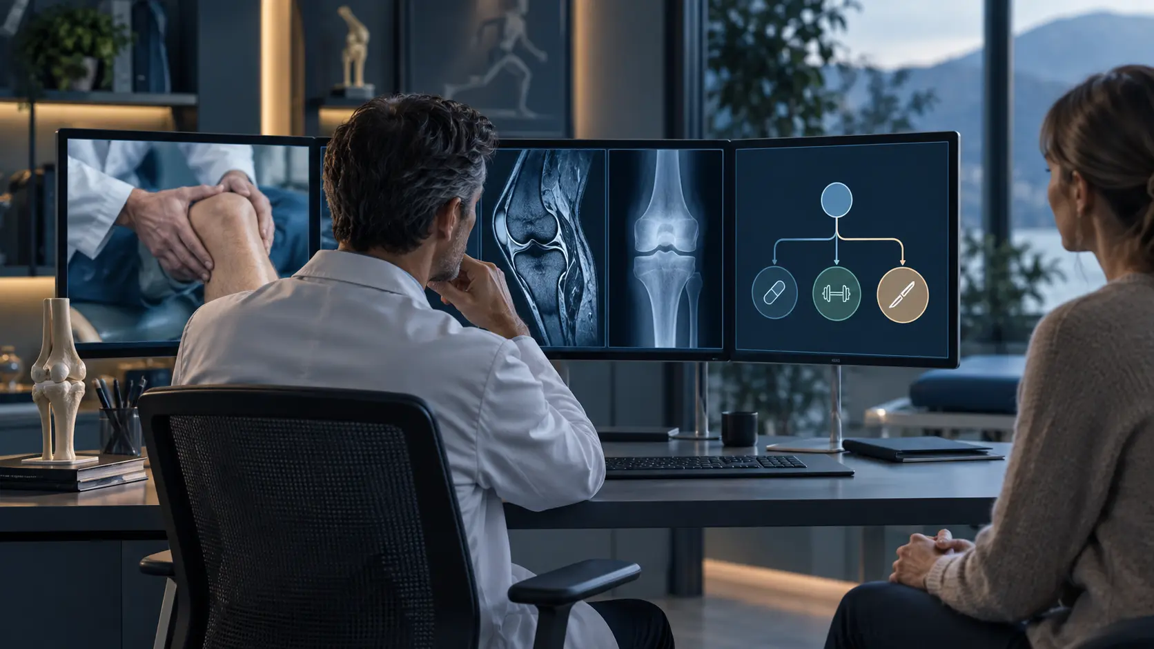 A doctor analysing examination findings, MRI and knee X-rays. Medical content prepared by: Tomasz Poboży - orthopaedic surgeon.