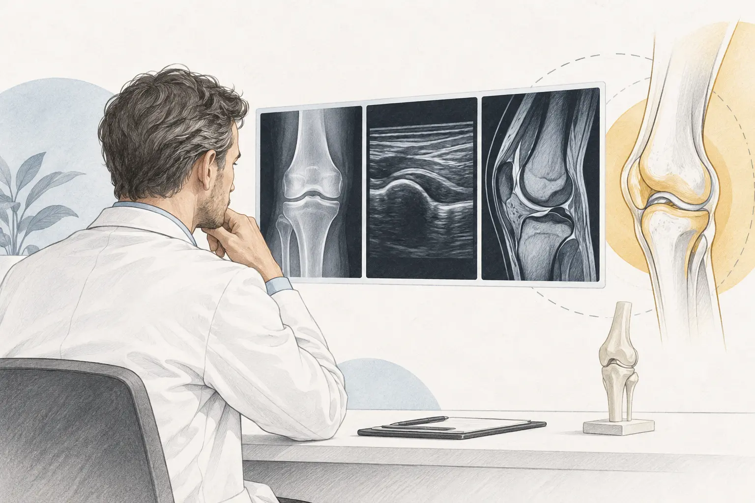 A doctor reviewing knee X-rays, ultrasound and MRI. Medical content prepared by: Tomasz Poboży - orthopaedic surgeon.