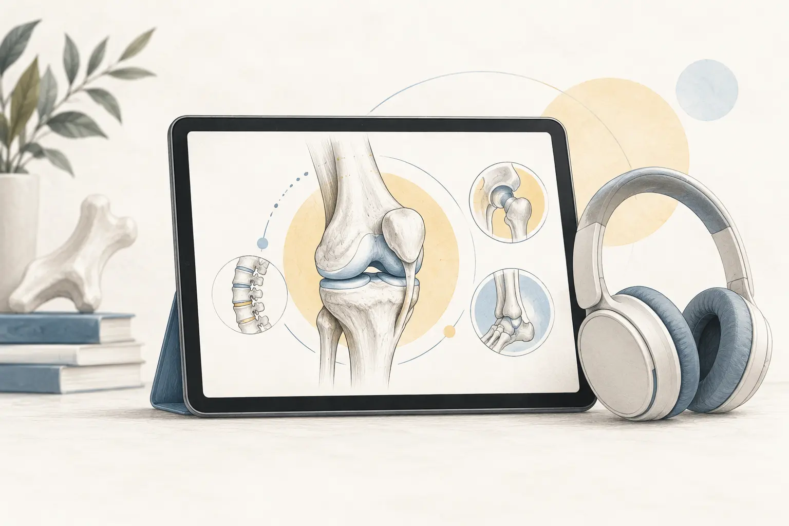 A tablet displaying orthopaedic information beside headphones. Medical content prepared by: Tomasz Poboży - orthopaedic surgeon.
