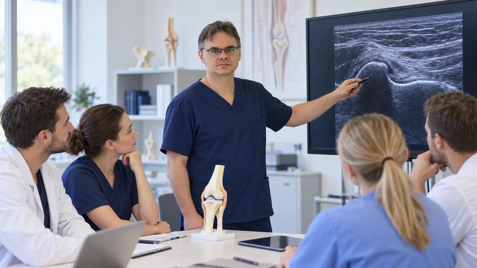 Tomasz Poboży discussing an ultrasound examination with doctors and physiotherapists. Medical content prepared by: Tomasz Poboży - orthopaedic surgeon.