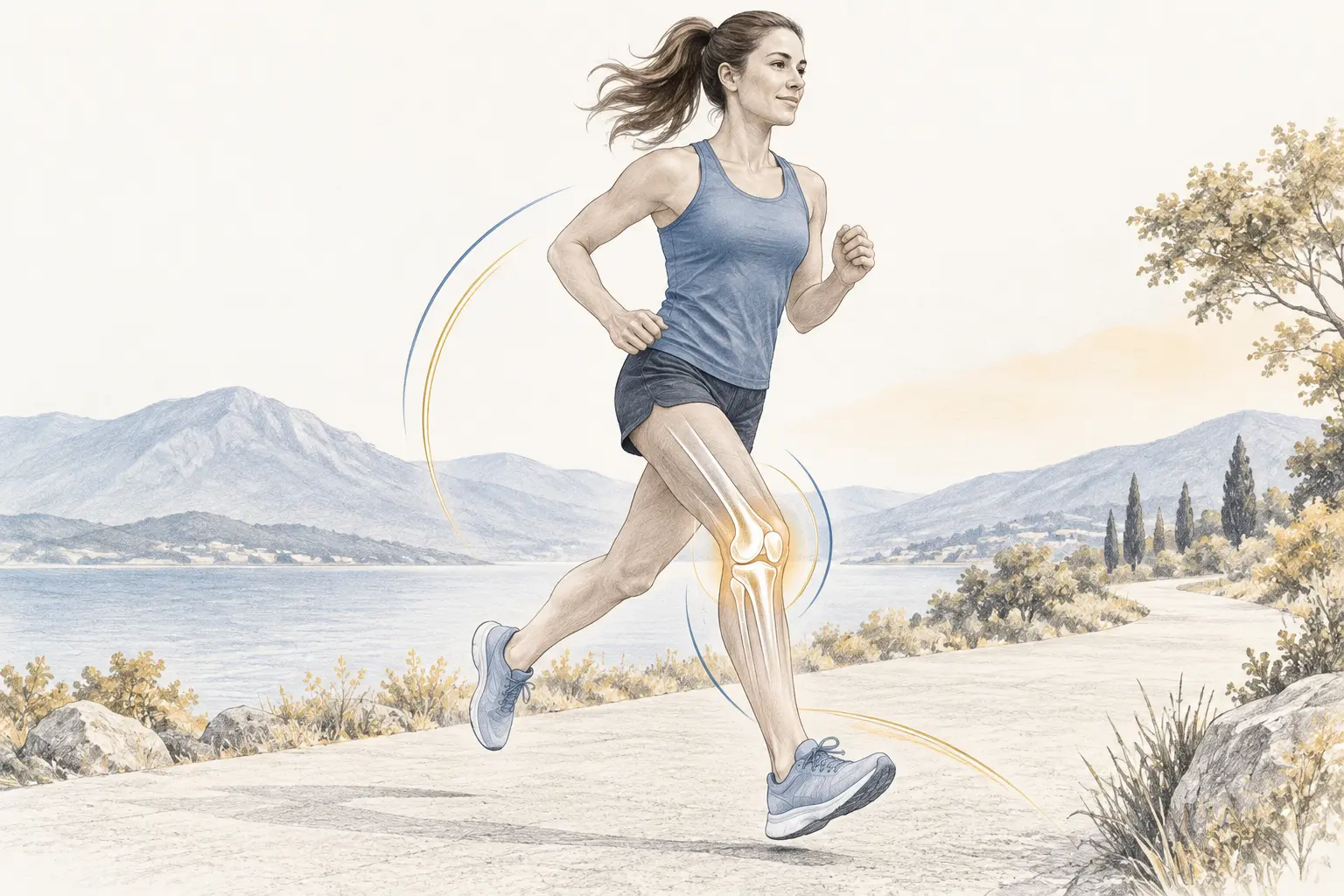 A runner returning to activity with the knee joint highlighted. Medical content prepared by: Tomasz Poboży - orthopaedic surgeon.