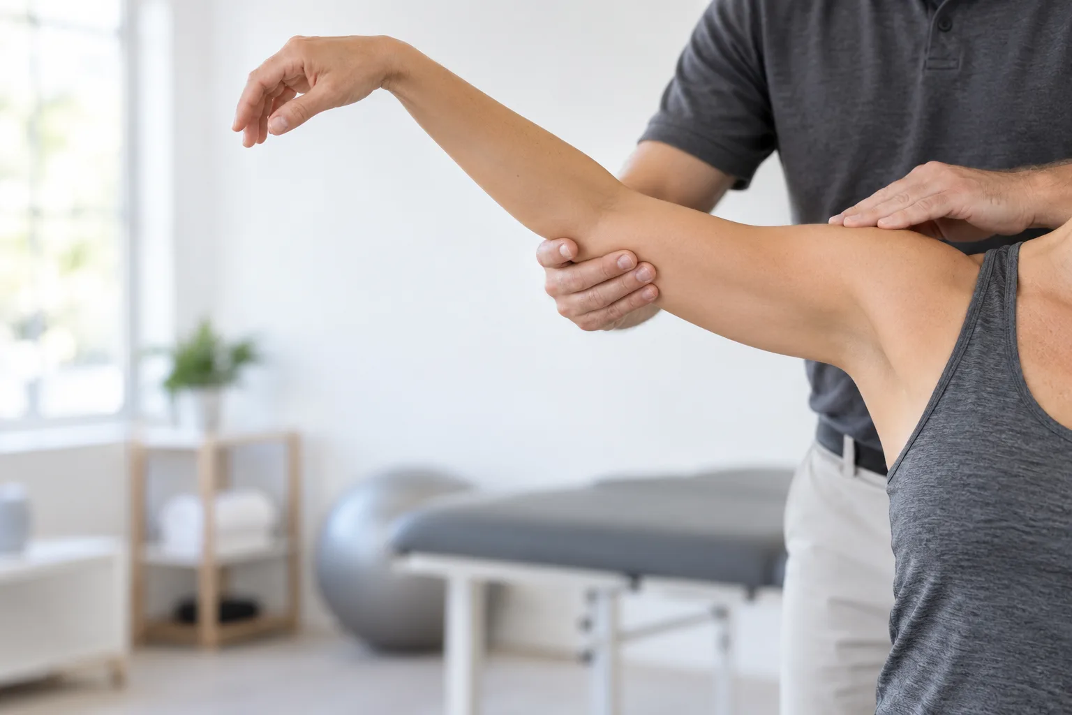 Physiotherapist guiding controlled shoulder movement during postoperative rehabilitation. Medical content prepared by: Tomasz Poboży - orthopaedic surgeon.