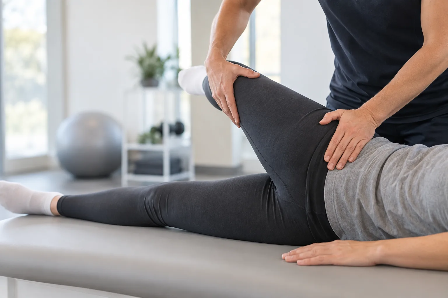 Physiotherapist guiding controlled hip movement during postoperative rehabilitation. Medical content prepared by: Tomasz Poboży - orthopaedic surgeon.