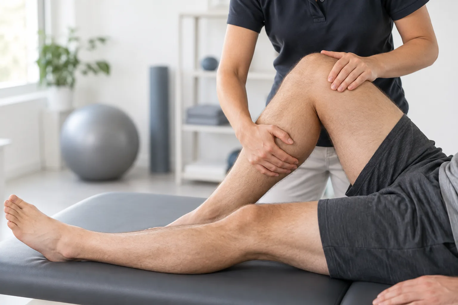 Physiotherapist guiding controlled knee bending during postoperative rehabilitation. Medical content prepared by: Tomasz Poboży - orthopaedic surgeon.