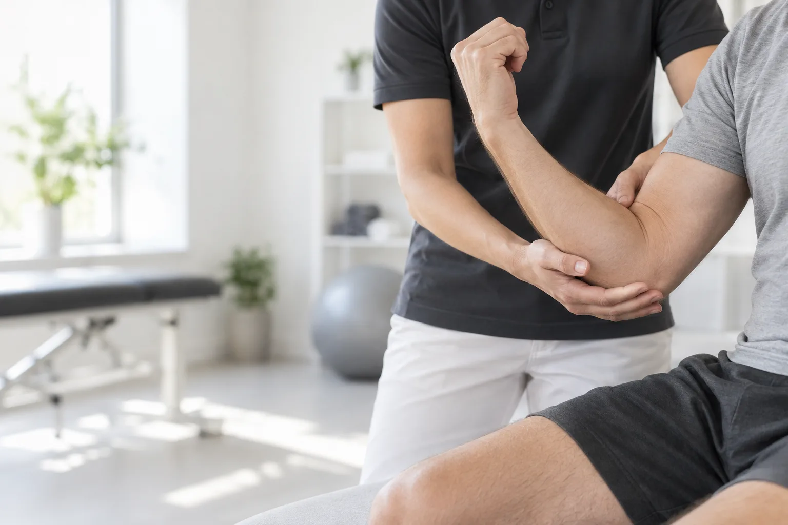 Physiotherapist guiding controlled elbow and forearm movement during postoperative rehabilitation. Medical content prepared by: Tomasz Poboży - orthopaedic surgeon.