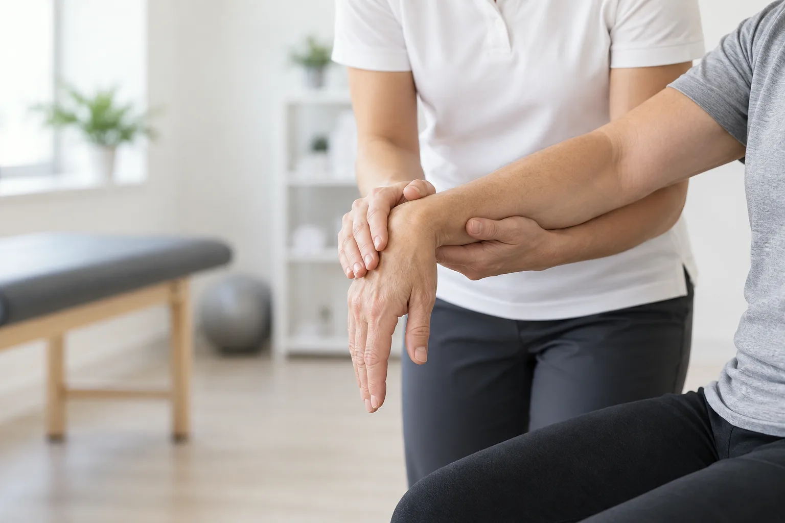 Physiotherapist guiding hand and wrist movement during postoperative rehabilitation. Medical content prepared by: Tomasz Poboży - orthopaedic surgeon.