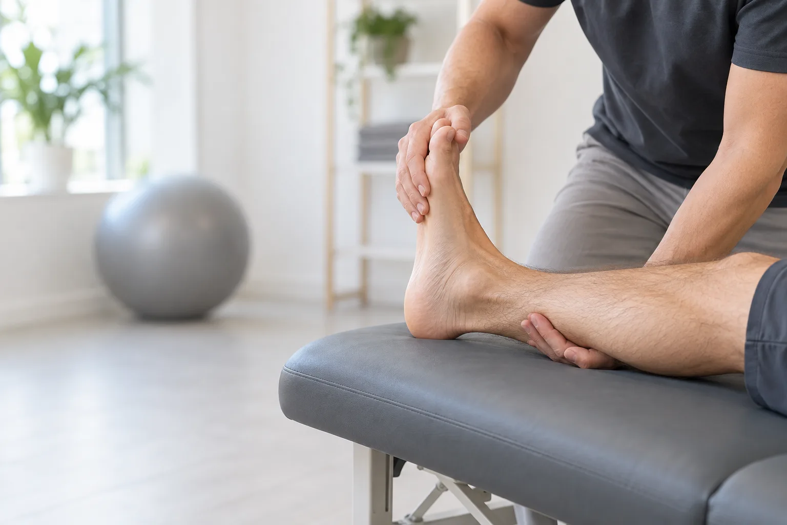 Physiotherapist assessing foot and ankle mobility during postoperative rehabilitation. Medical content prepared by: Tomasz Poboży - orthopaedic surgeon.