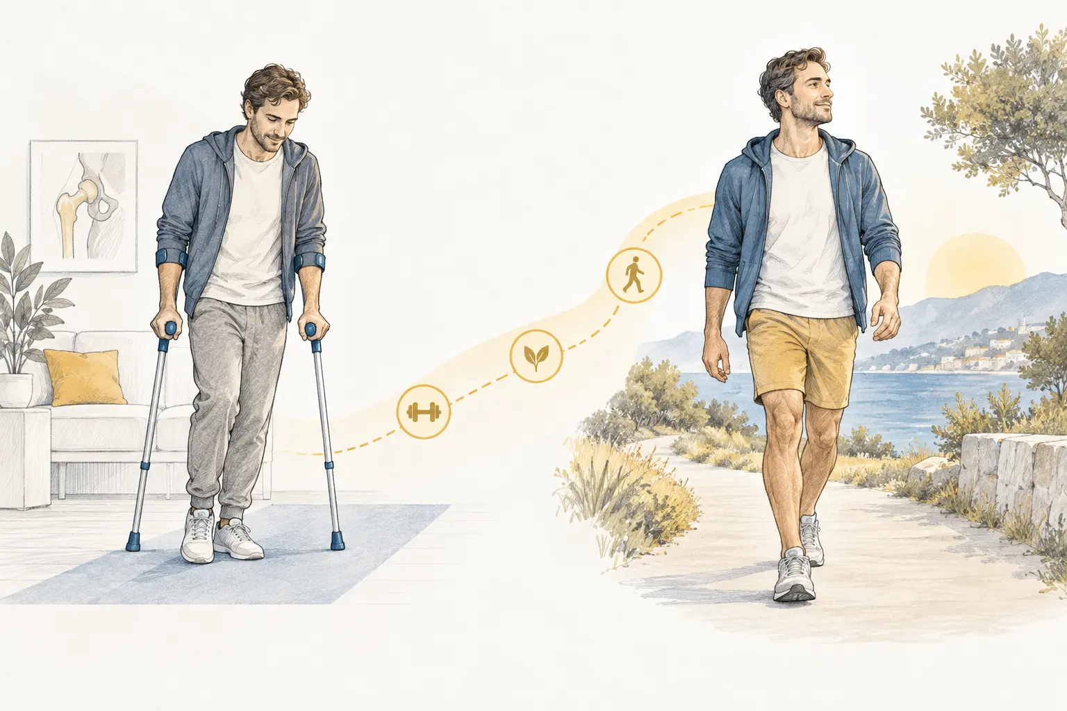 A patient recovering with crutches and later walking independently. Medical content prepared by: Tomasz Poboży - orthopaedic surgeon.