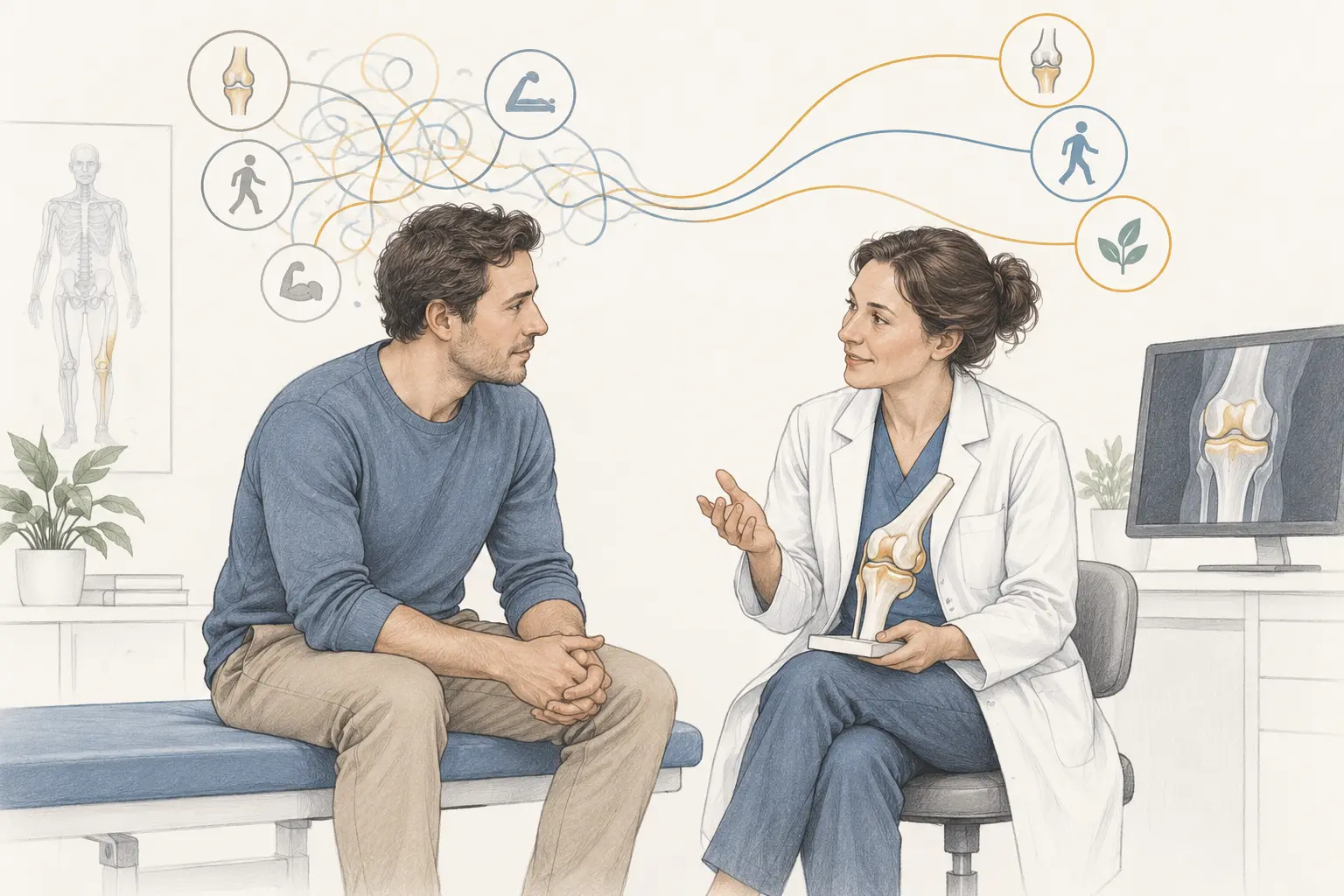 A patient discussing orthopaedic diagnosis and treatment with a doctor. Medical content prepared by: Tomasz Poboży - orthopaedic surgeon.