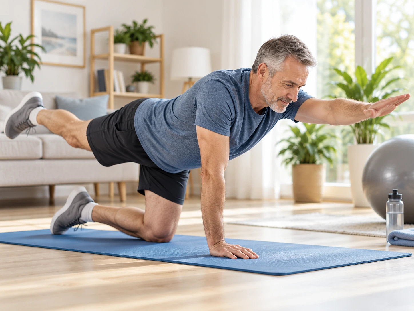 A man performs a balance exercise on a mat at home, lifting the opposite arm and leg. Medical content prepared by: Tomasz Poboży - orthopaedic surgeon.