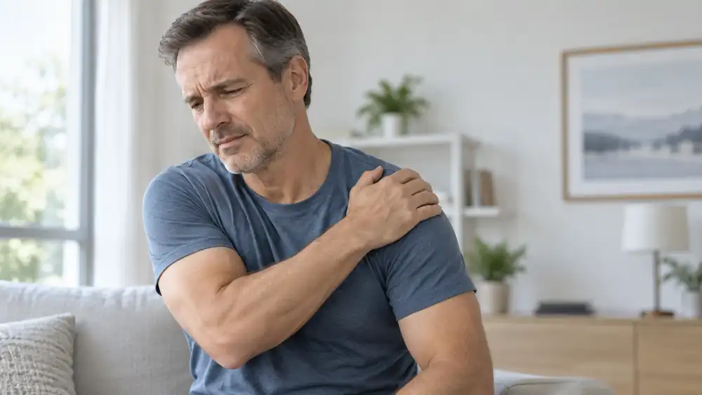 A man experiencing shoulder pain in an everyday setting. Medical content prepared by: Tomasz Poboży - orthopaedic surgeon.