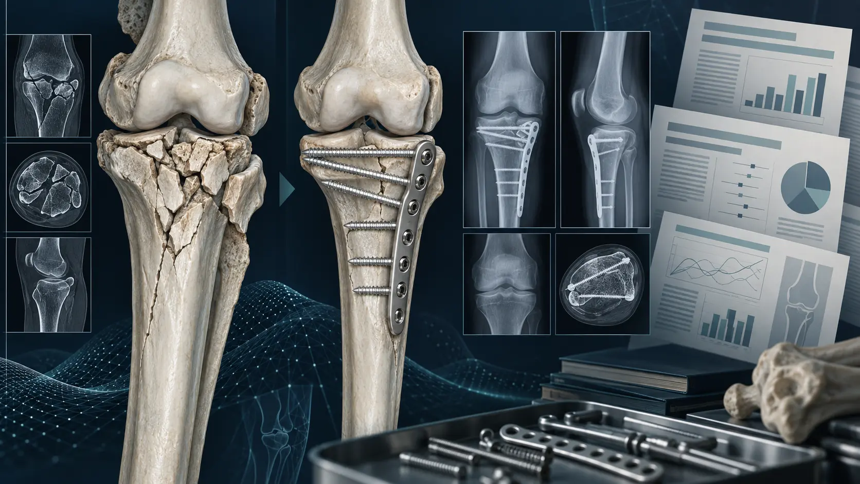 A complex periarticular fracture, fixation planning and follow-up imaging. Medical content prepared by: Tomasz Poboży - orthopaedic surgeon.