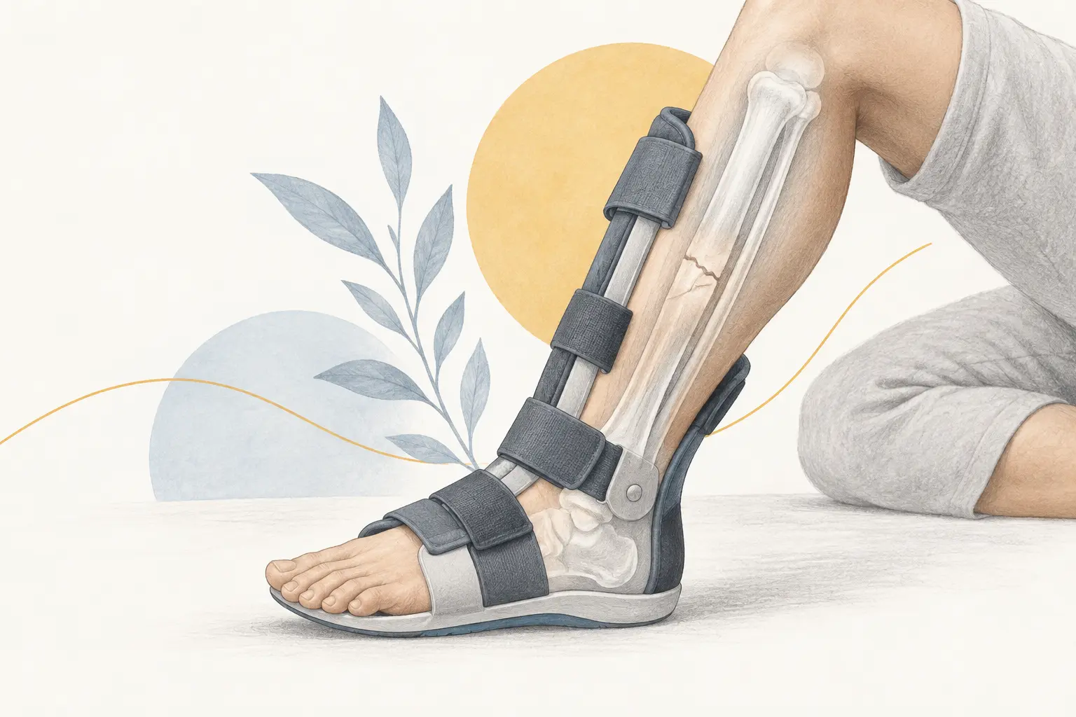 Lower limb protected by a brace after an injury and fracture. Medical content prepared by: Tomasz Poboży - orthopaedic surgeon.