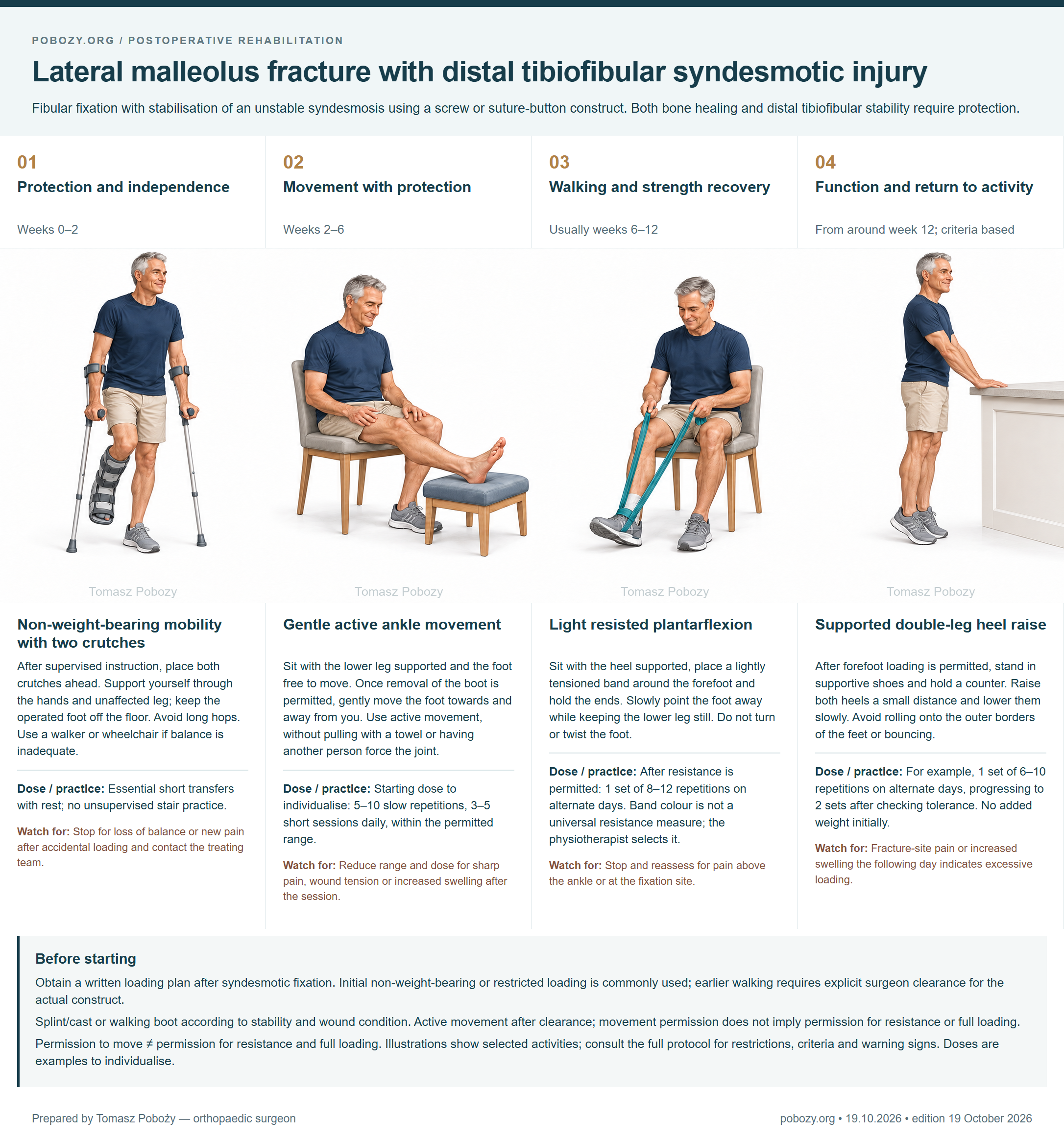 Lateral malleolus fracture with distal tibiofibular syndesmotic injury. Four phases: Non-weight-bearing mobility with two crutches, Gentle active ankle movement, Light resisted plantarflexion, Supported double-leg heel raise. Prepared by Tomasz Poboży — orthopaedic surgeon.