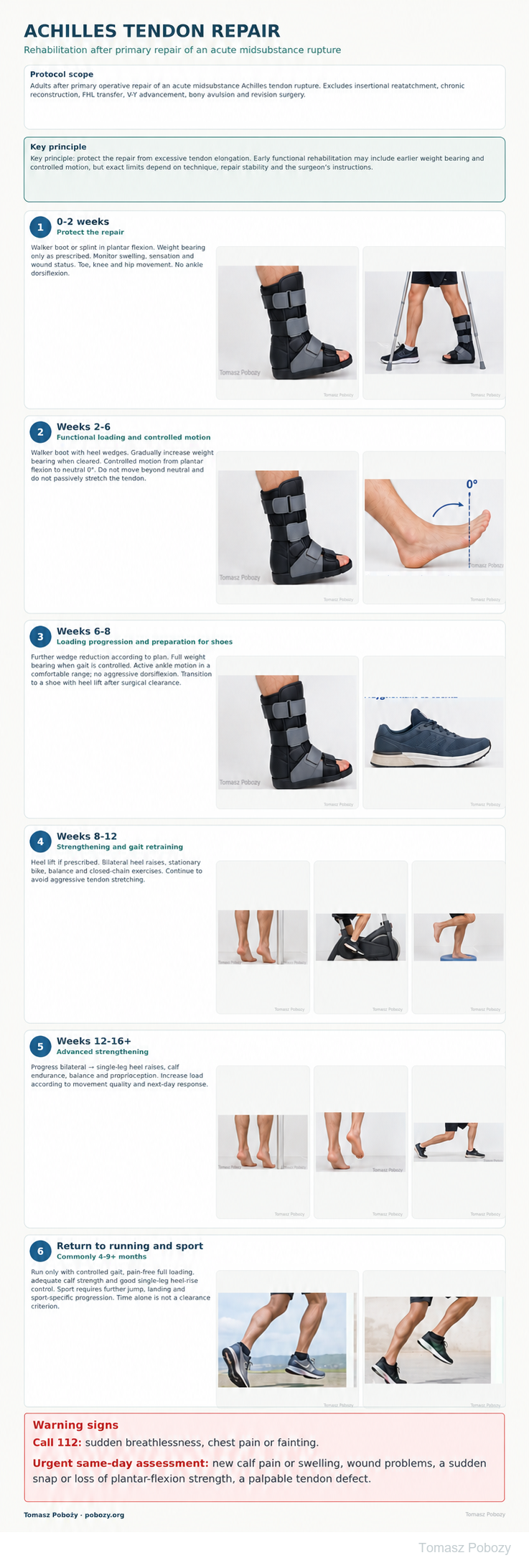 Rehabilitation after primary repair of an acute midsubstance Achilles tendon rupture: repair protection, heel wedges, progressive loading, strengthening and return to sport. · board 1/1. Prepared by Tomasz Poboży — orthopaedic surgeon.