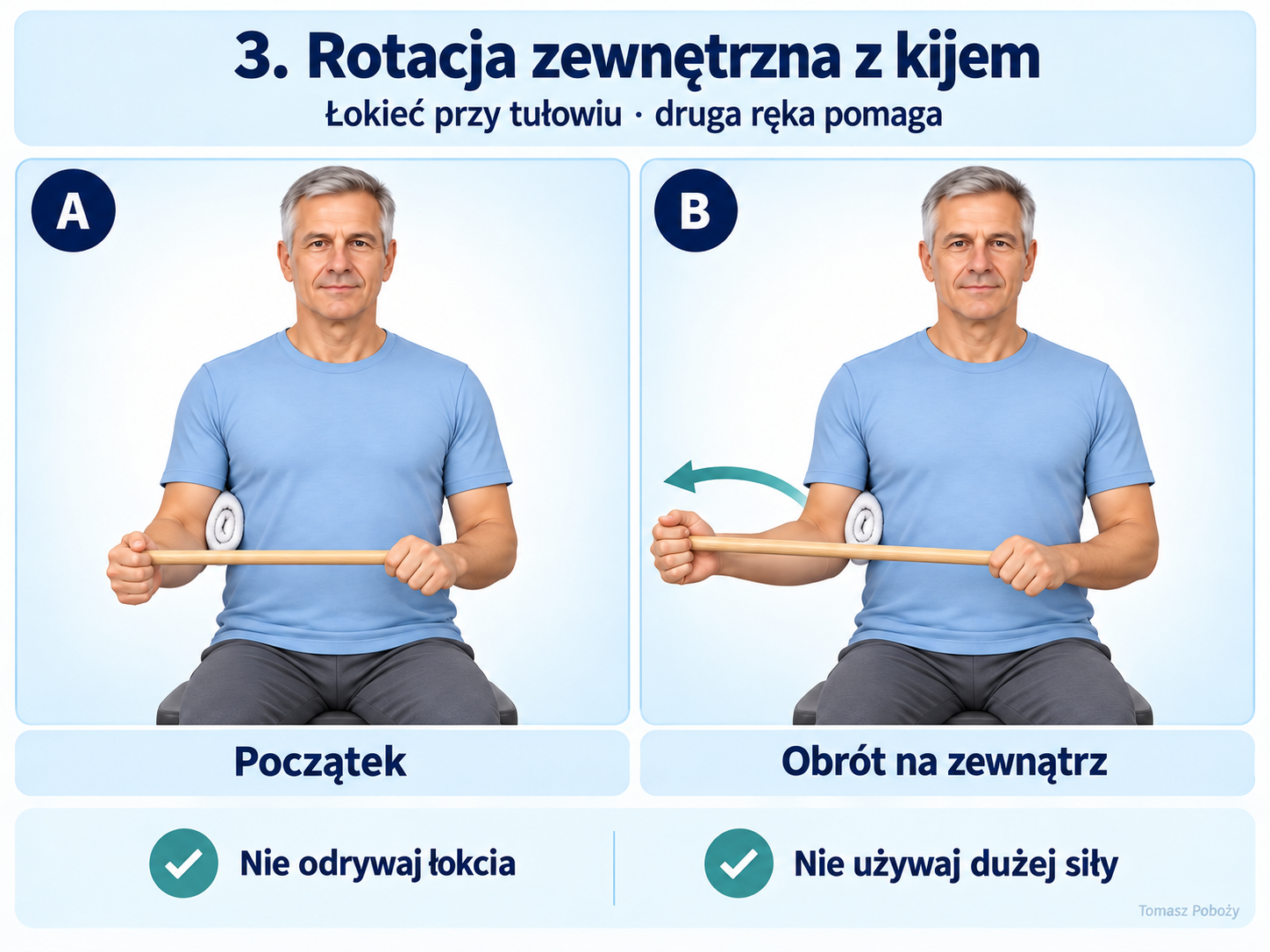 Rotacja zewnętrzna — druga ręka pomaga, łokieć pozostaje przy tułowiu. Opracowanie merytoryczne: Tomasz Poboży - ortopeda.