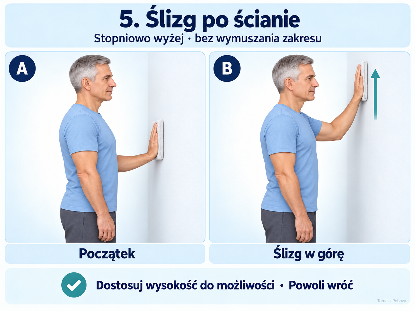Ślizg po ścianie — stopniowe unoszenie bez wymuszania wysokości. Opracowanie merytoryczne: Tomasz Poboży - ortopeda.