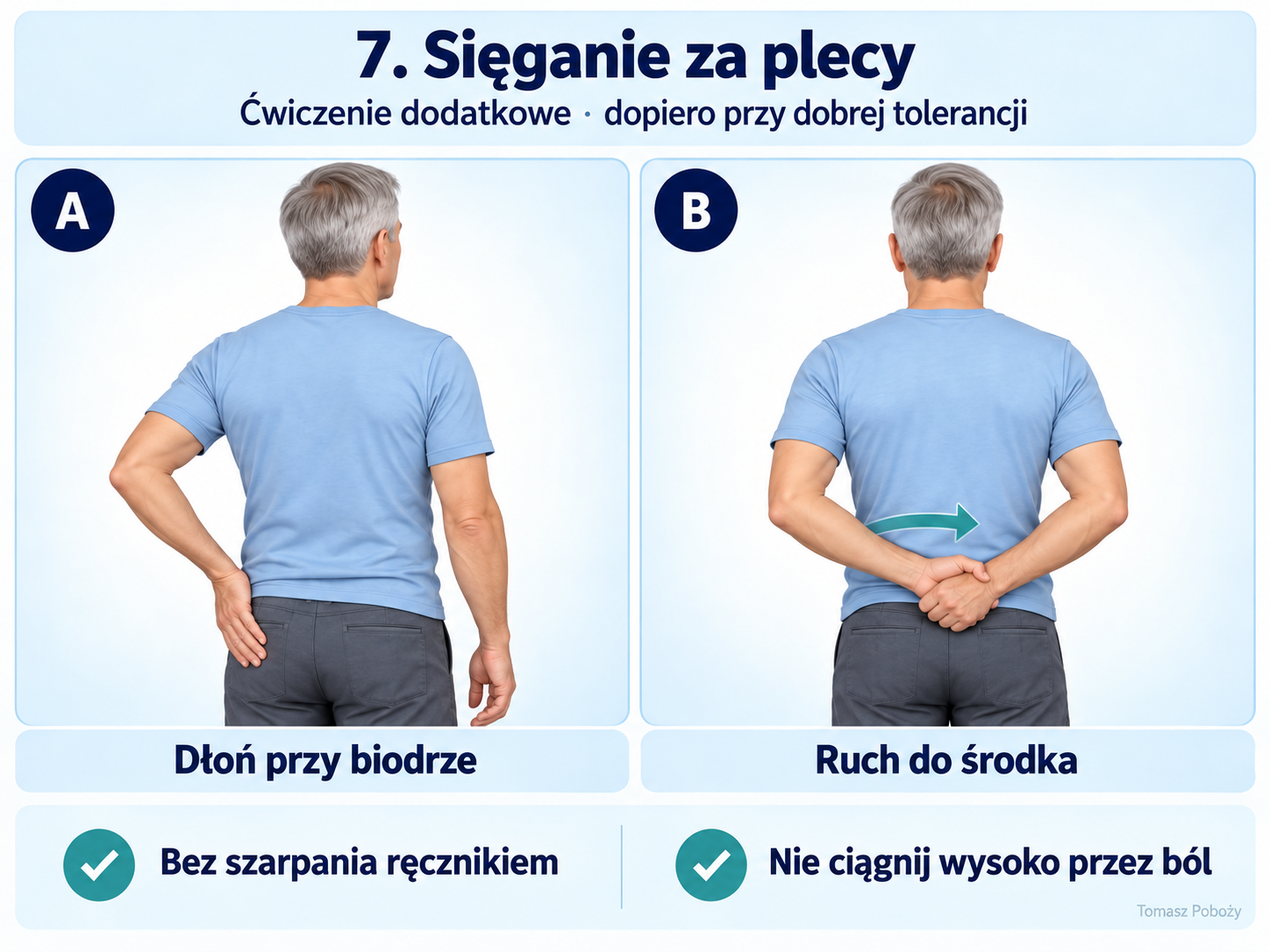 Sięganie za plecy — krótki ruch od biodra w stronę środka pleców. Opracowanie merytoryczne: Tomasz Poboży - ortopeda.