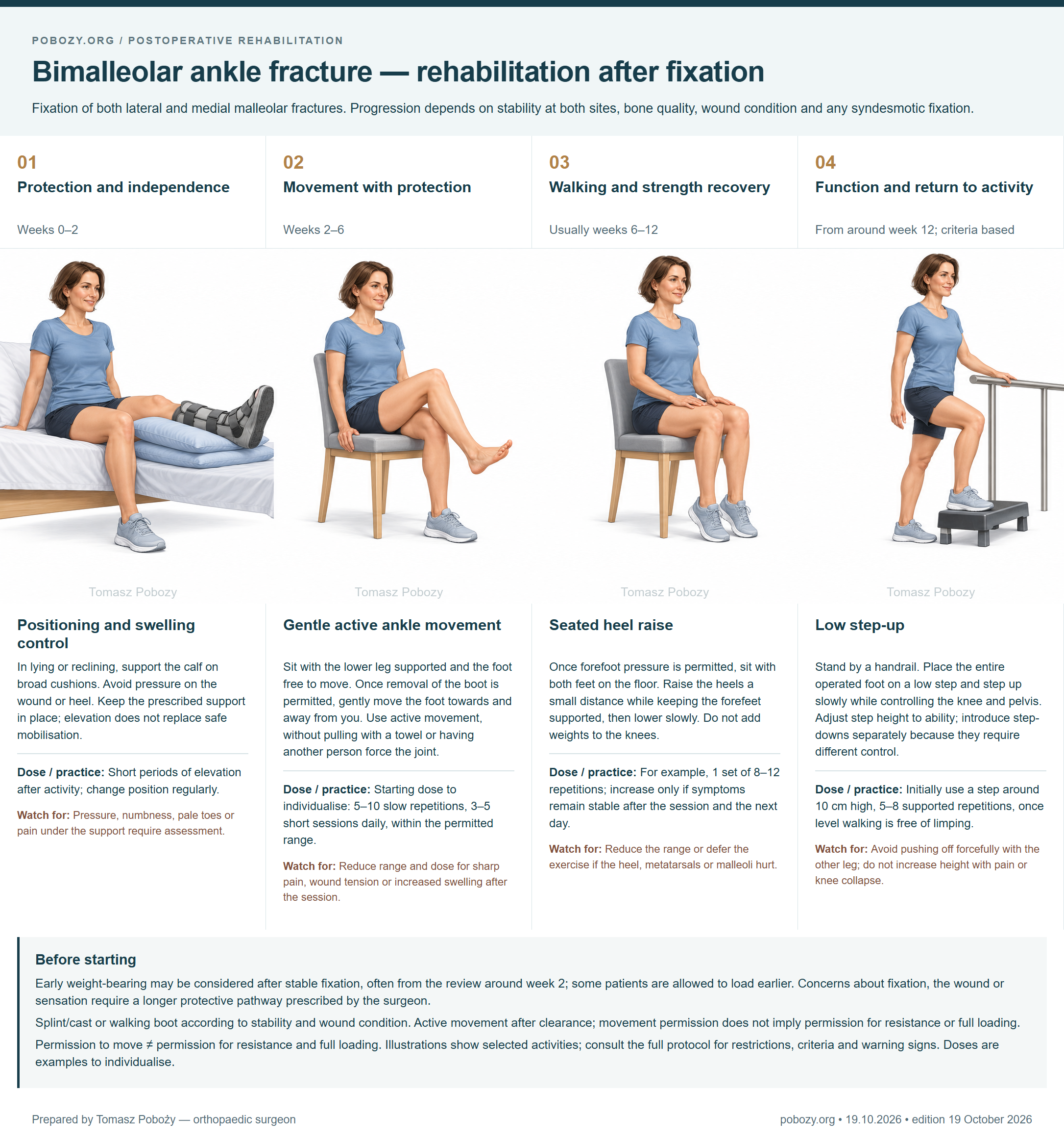 Bimalleolar ankle fracture — rehabilitation after fixation. Four phases: Positioning and swelling control, Gentle active ankle movement, Seated heel raise, Low step-up. Prepared by Tomasz Poboży — orthopaedic surgeon.