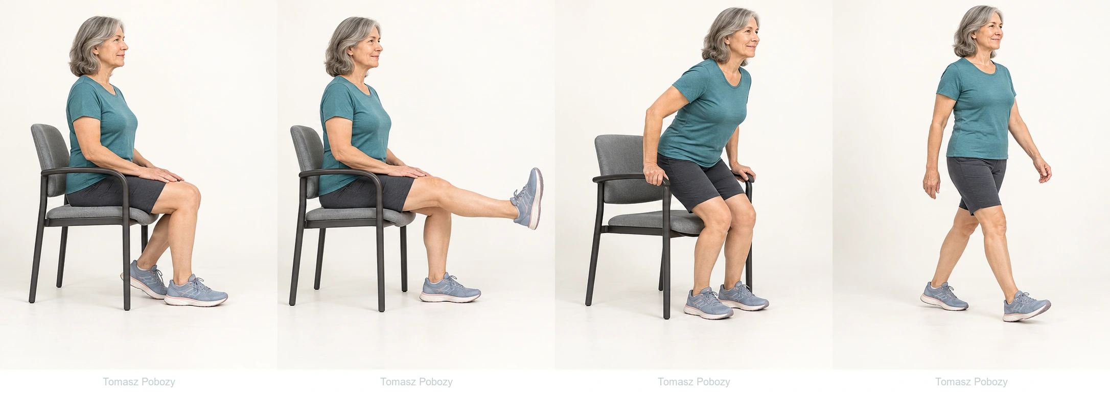 A woman sits securely on a chair and slides her foot along the floor towards the underside of the seat, bending her knee.