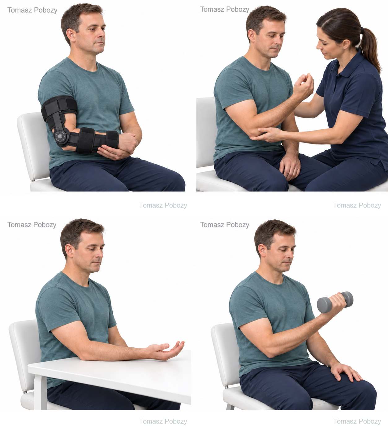 Postoperative rehabilitation: Patient wearing an elbow brace with the forearm supported by the other hand. Prepared by Tomasz Poboży — orthopaedic surgeon.