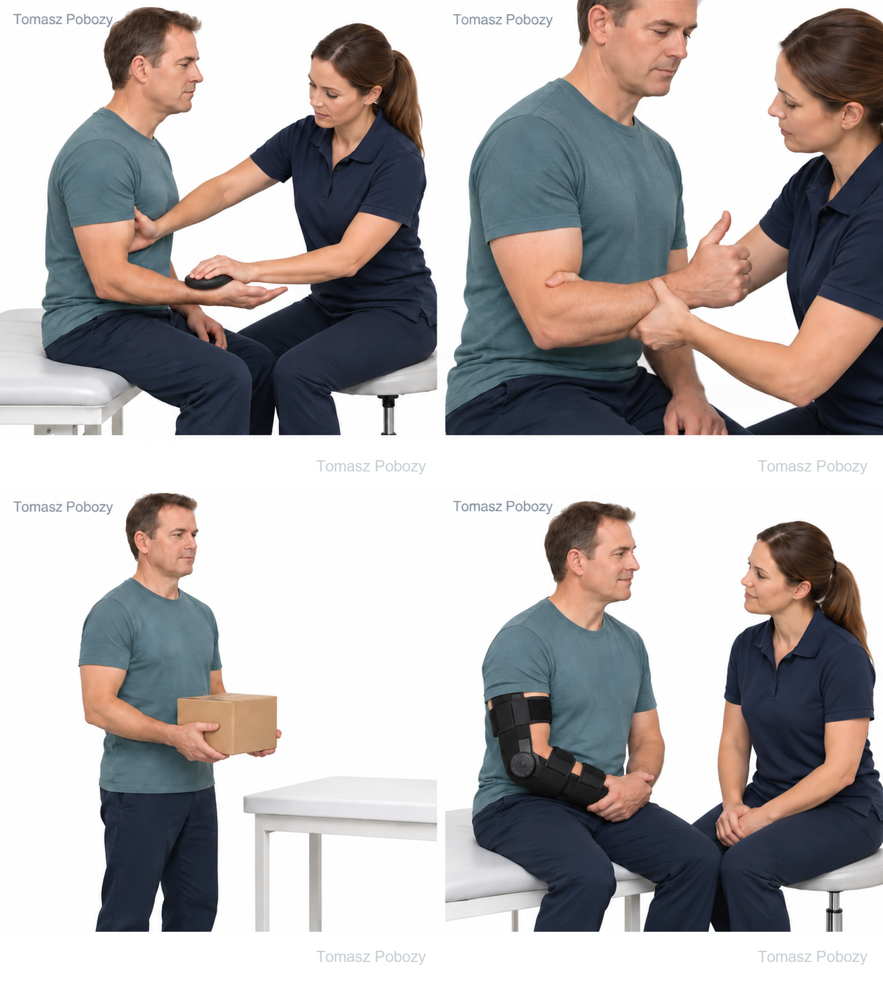 Postoperative rehabilitation: Patient lifts a small box in a controlled manner. Prepared by Tomasz Poboży — orthopaedic surgeon.