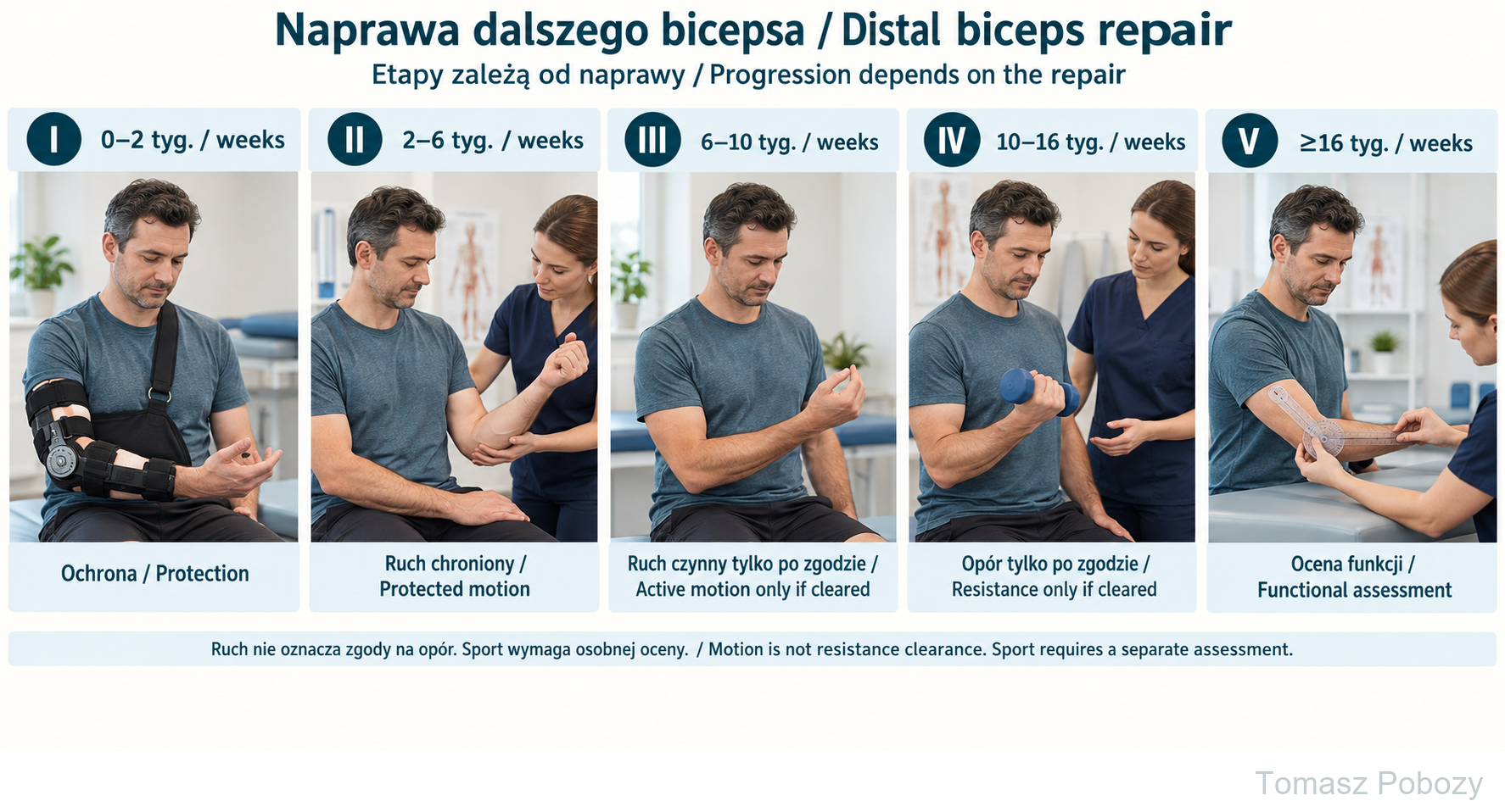 Distal biceps tendon repair — rehabilitation protocol — phase-specific examples; clearance is required. Prepared by Tomasz Poboży — orthopaedic surgeon.
