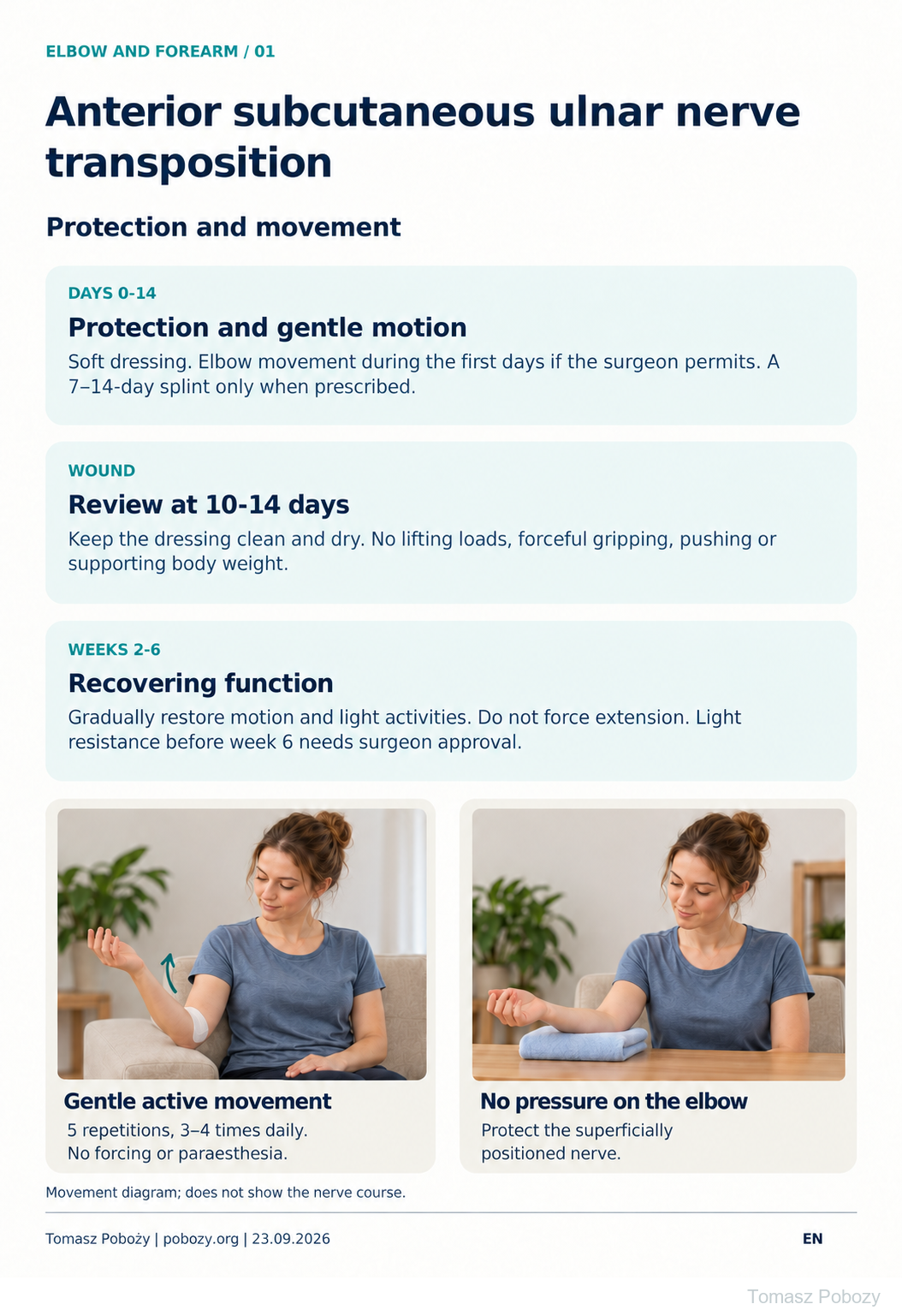 Postoperative rehabilitation: Subcutaneous ulnar nerve transposition: a woman demonstrating gentle permitted elbow motion and forearm support without medial elbow pressure. Prepared by Tomasz Poboży — orthopaedic surgeon.