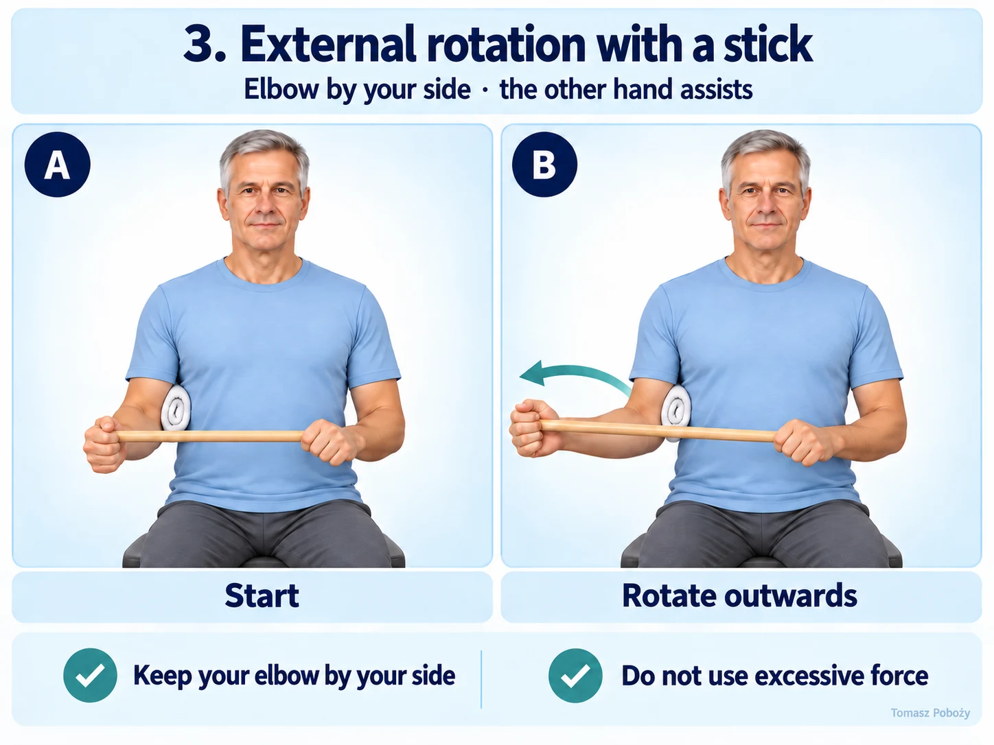 External rotation — the other hand assists while the elbow stays by the trunk. Medical content prepared by: Tomasz Poboży - orthopaedic surgeon.