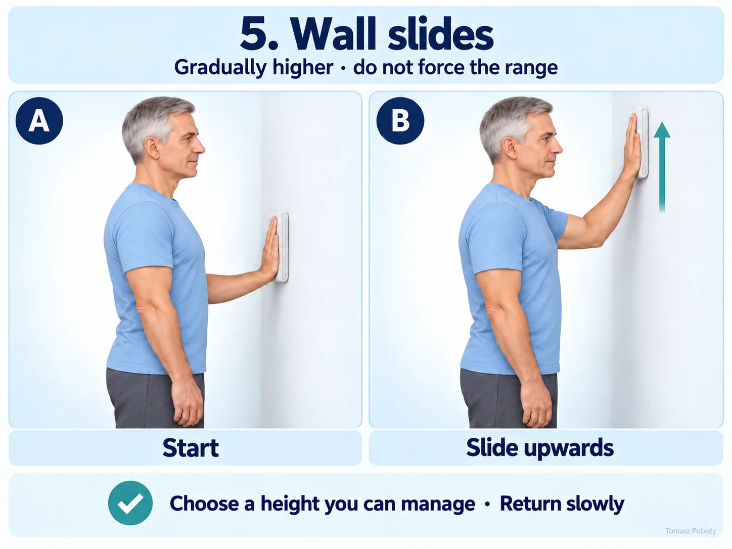 Wall slides — gradual elevation without forcing the height. Medical content prepared by: Tomasz Poboży - orthopaedic surgeon.