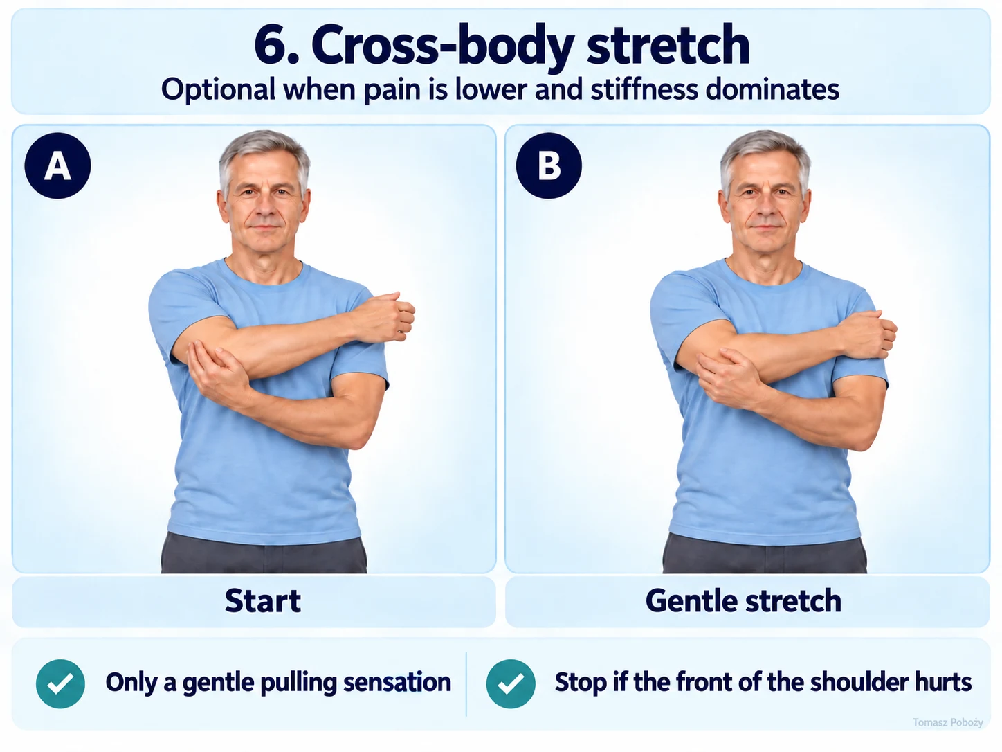 Cross-body stretch — gently drawing the upper arm across the chest. Medical content prepared by: Tomasz Poboży - orthopaedic surgeon.