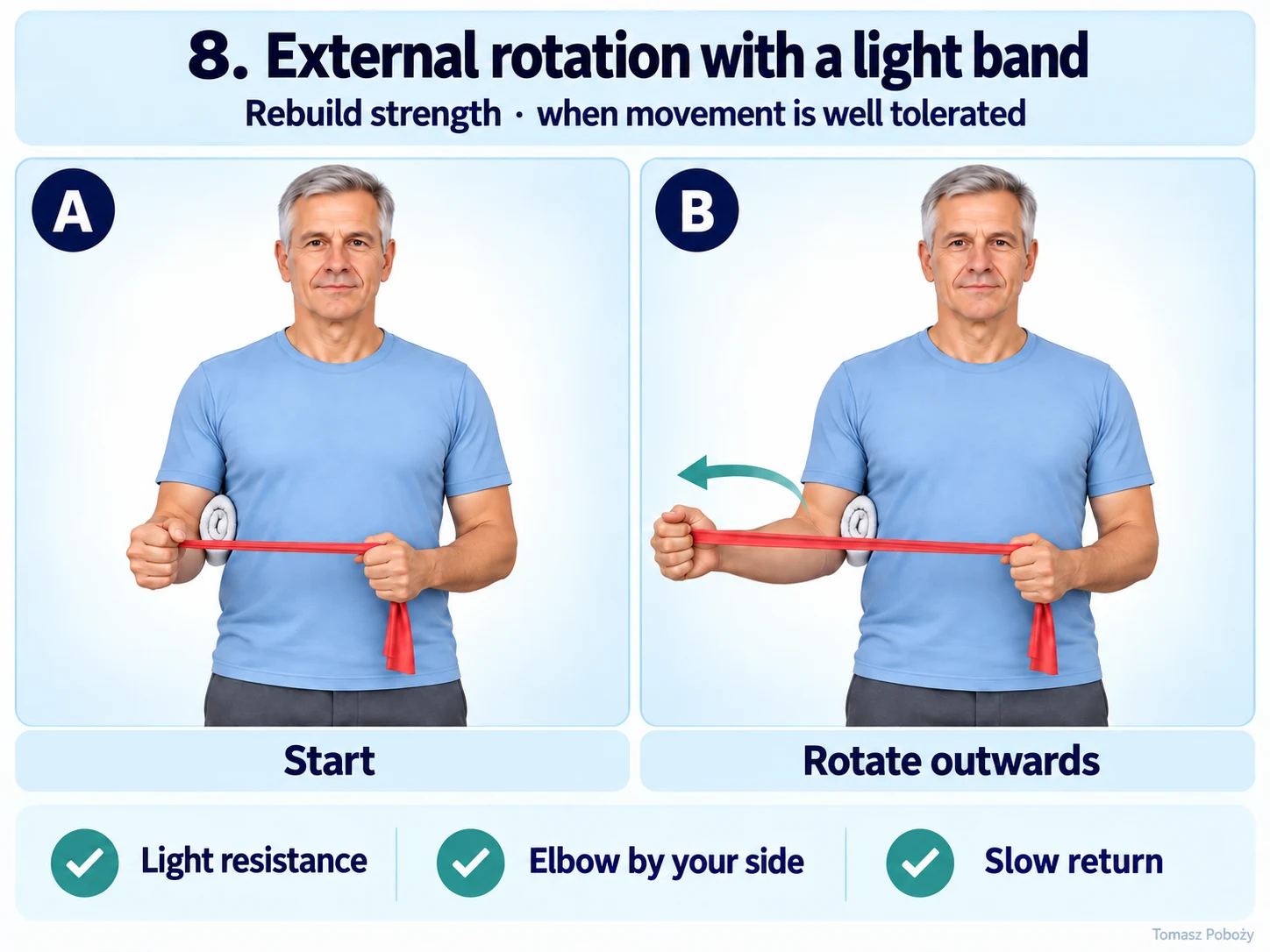 External rotation with a light band — controlled movement and a slow return. Medical content prepared by: Tomasz Poboży - orthopaedic surgeon.