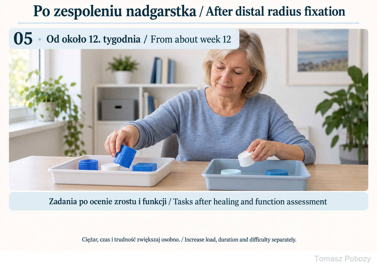 Postoperative rehabilitation: Distal radius fracture fixation — volar locking plate — phase-specific examples; clearance is required. Prepared by Tomasz Poboży — orthopaedic surgeon.