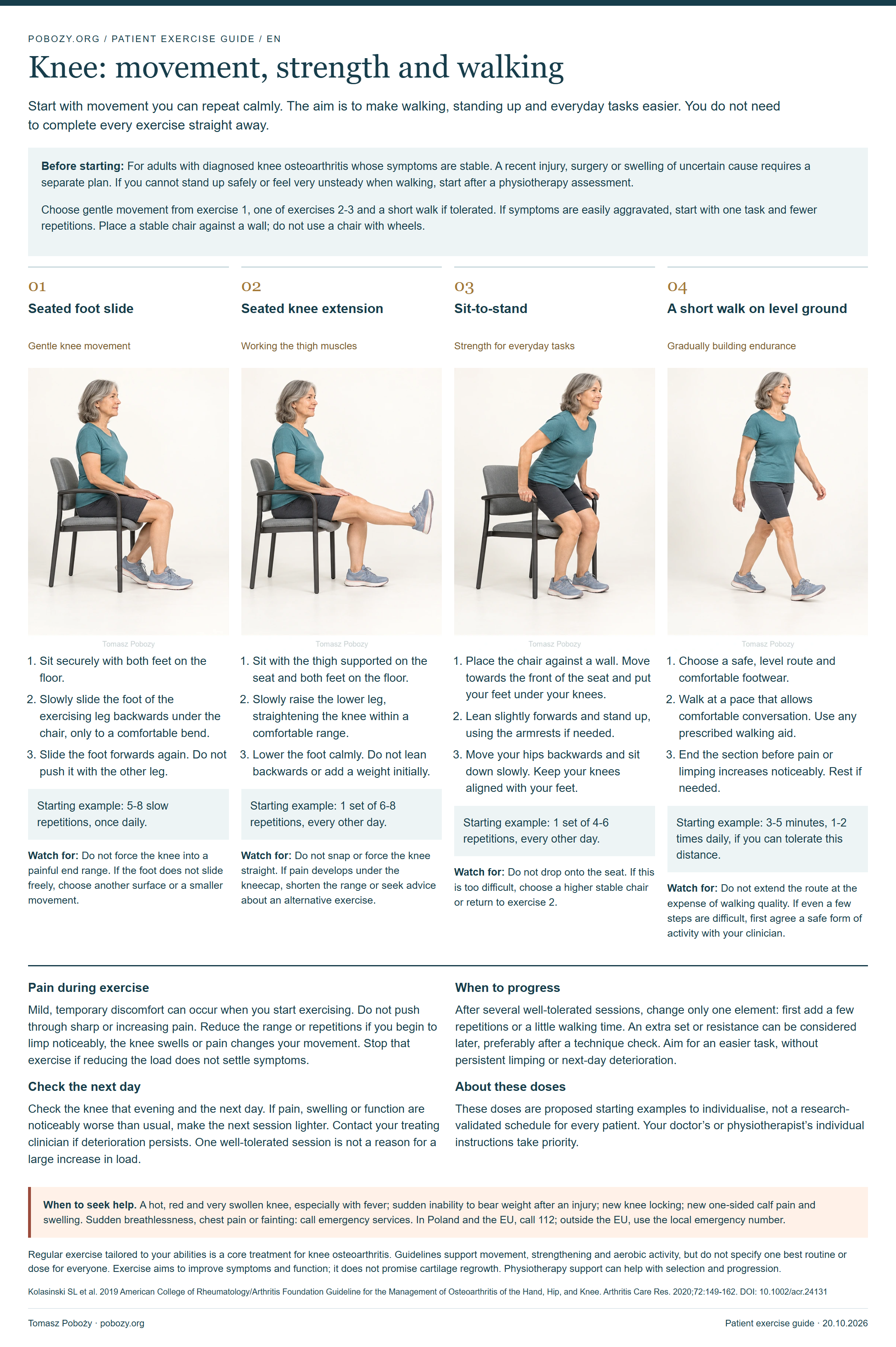 Illustrated exercise guide for Knee: movement, strength and walking. Full text below.