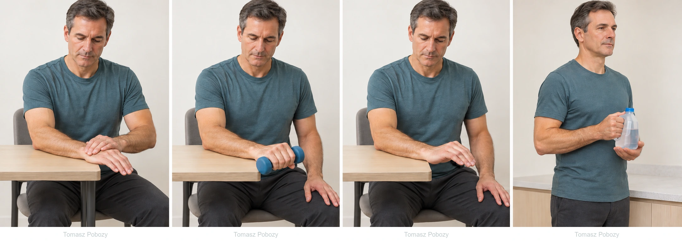 A man sits with the forearm supported on a table and palm facing down, raising his unloaded hand at the wrist.